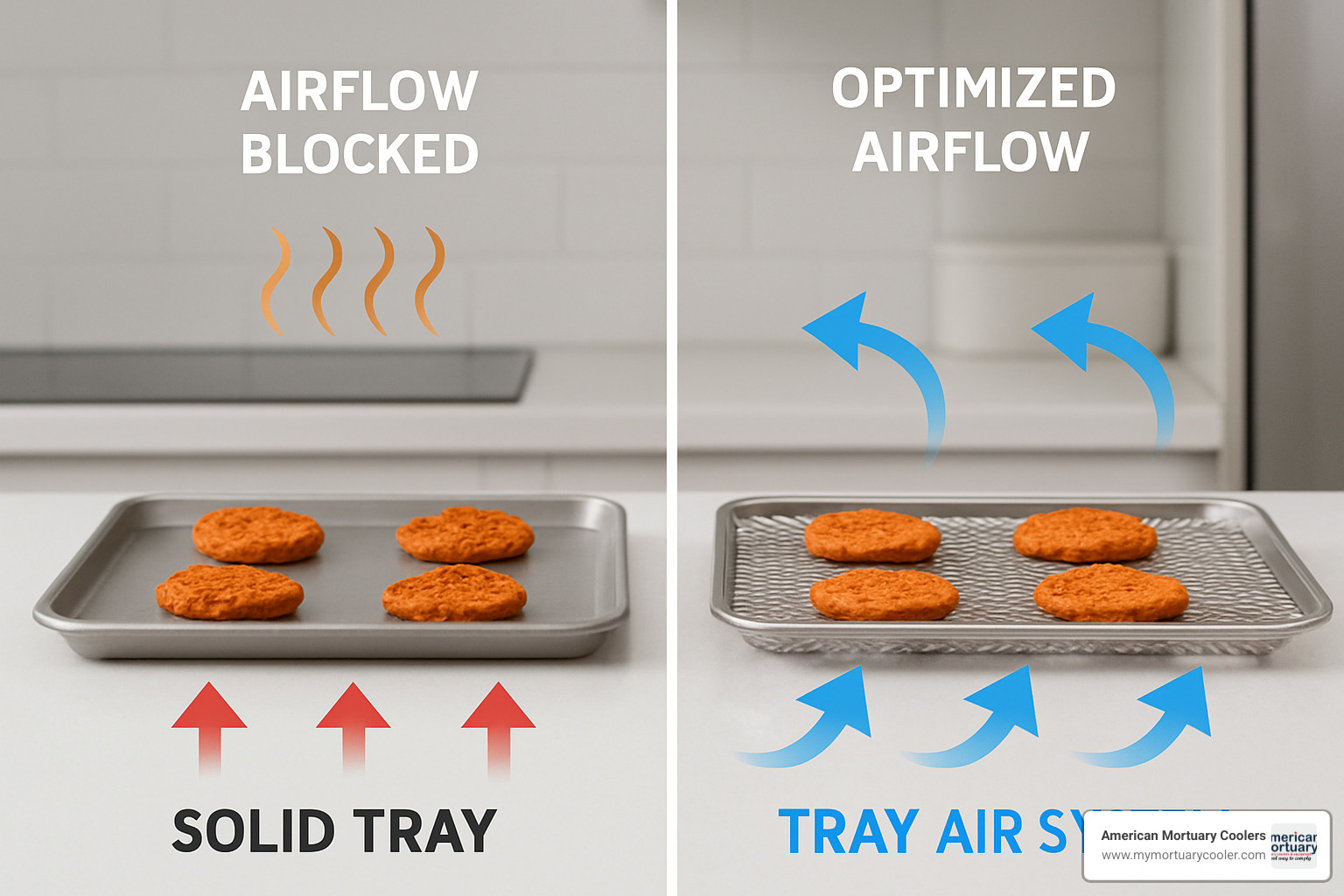 side by side comparison of traditional solid trays versus modern tray air systems showing airflow patterns - tray air