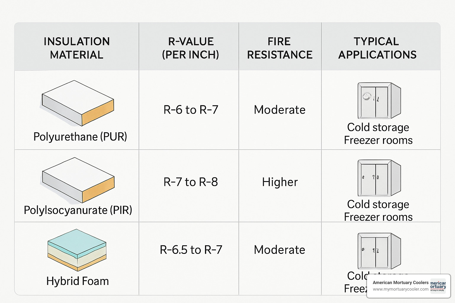 insulation materials comparison chart - cold room panel