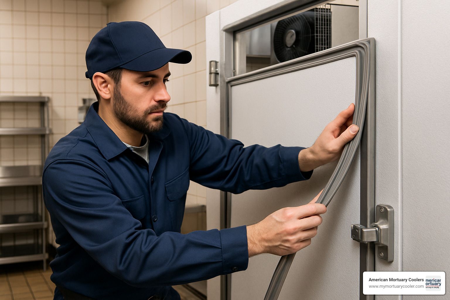technician inspecting walk-in freezer door gaskets and seals - used walk in freezer