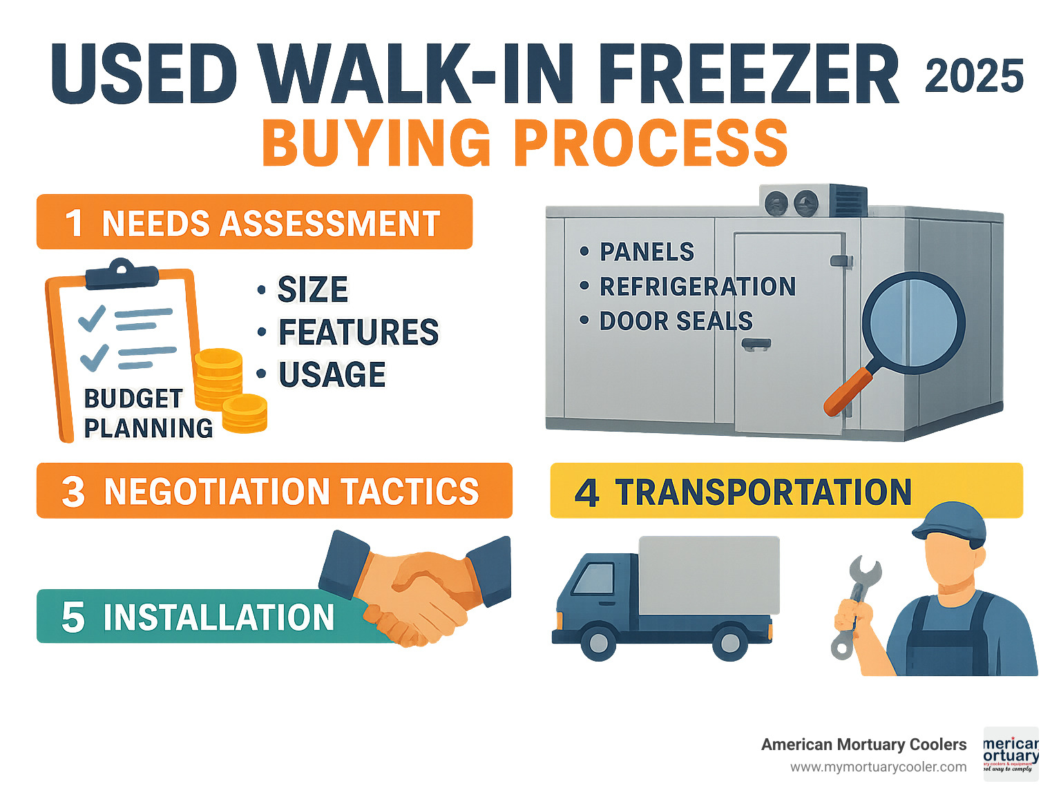 Comprehensive infographic showing the complete used walk-in freezer buying process from initial needs assessment and budget planning through inspection checklist, negotiation tactics, transportation logistics, and installation requirements - used walk in freezer infographic 