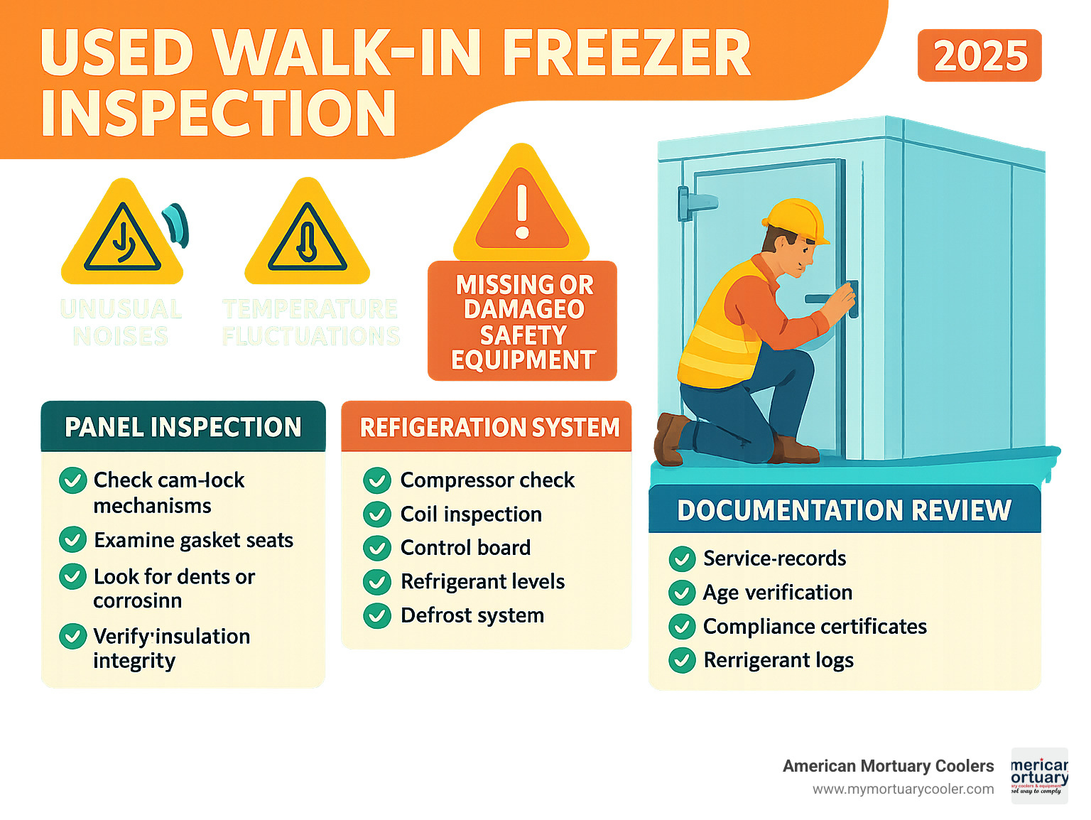 detailed infographic showing systematic inspection flow for used walk-in freezers with checkboxes and key warning signs - used walk in freezer infographic 