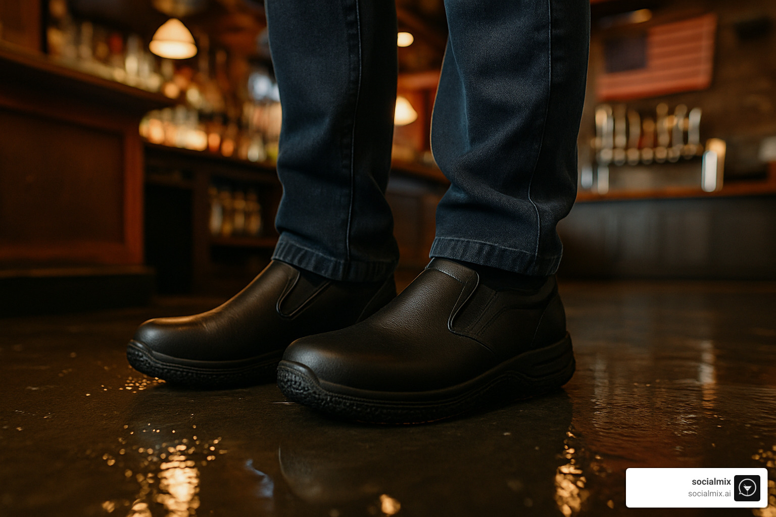 Slip-resistant shoes on wet bar floor - bartender outfits