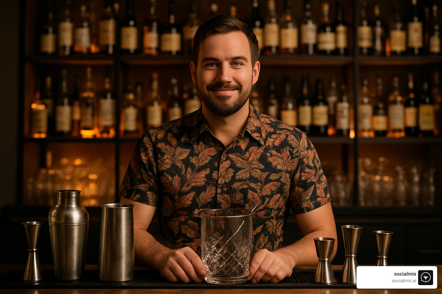 Patterned shirt behind bar with cocktail tools - bartender outfits