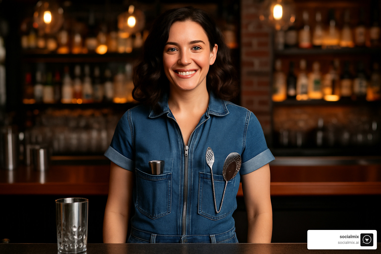 Denim jumpsuit with bartending tools - bartender outfits