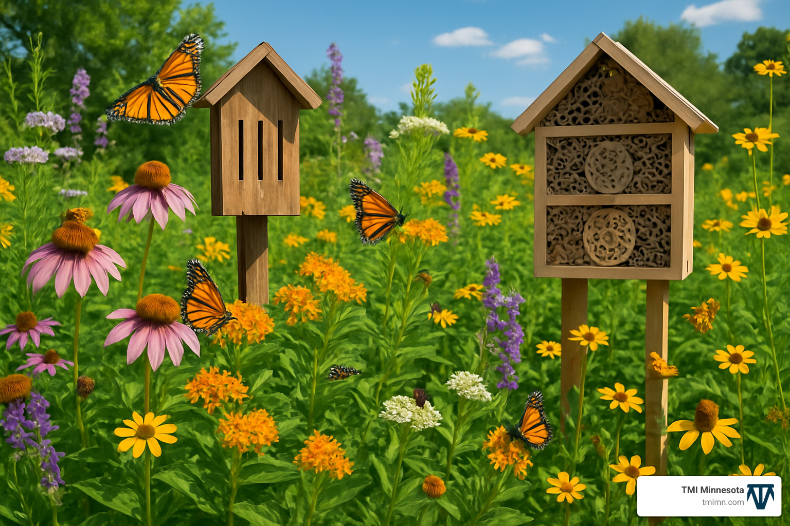 native pollinator garden with butterfly house and bee hotel structures - decorative outdoor structures