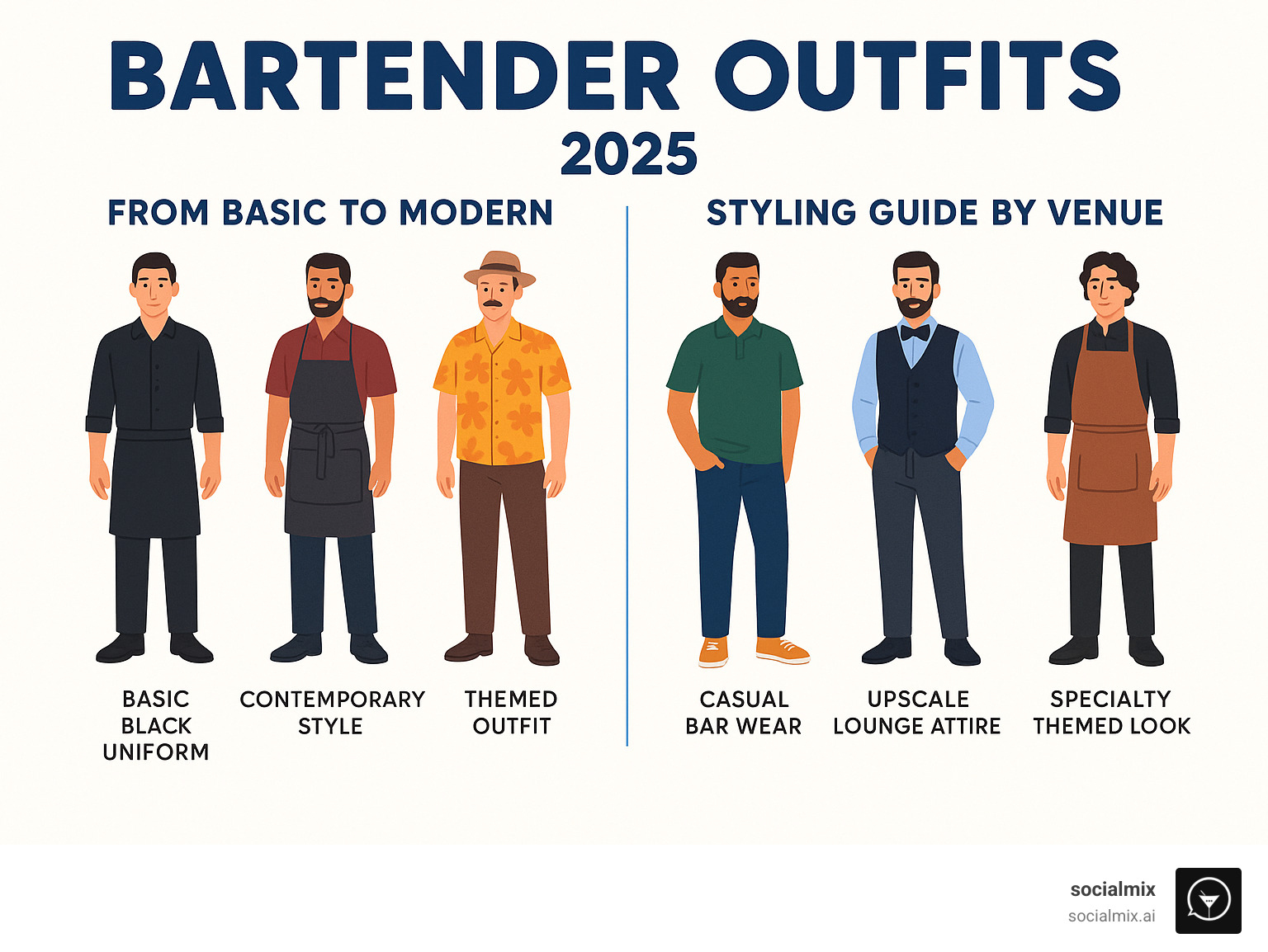 Detailed infographic showing the evolution of bartender attire from basic black uniforms to modern themed outfits, including venue-specific styling guide with casual bar wear, upscale lounge attire, and specialty themed looks - bartender outfits infographic 