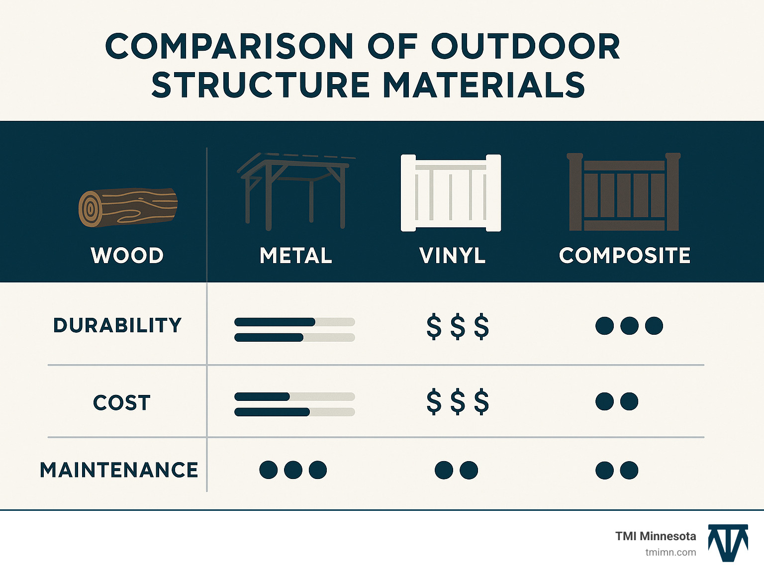 Comparison infographic showing durability, cost, and maintenance requirements for wood, metal, vinyl, and composite materials used in outdoor structures - decorative outdoor structures infographic 