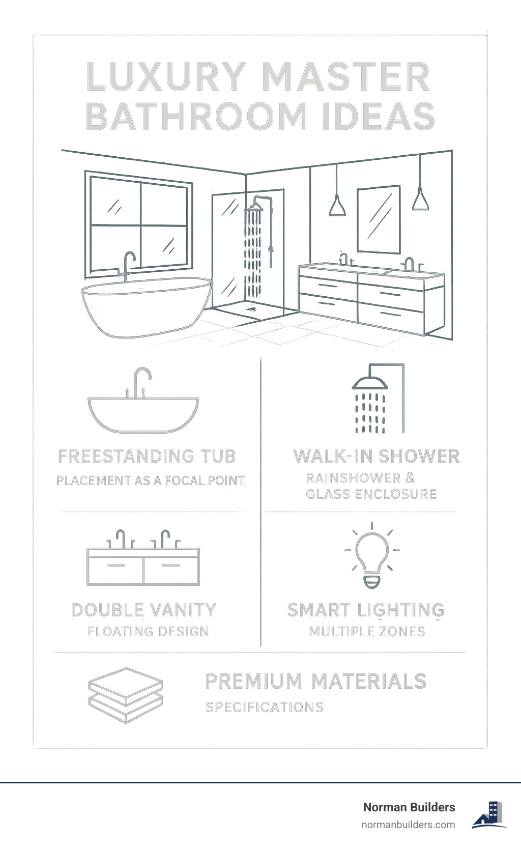 Detailed breakdown of luxury master bathroom components including freestanding tub placement, walk-in shower design, double vanity configuration, smart lighting zones, and premium material specifications - luxury master bathroom ideas infographic 