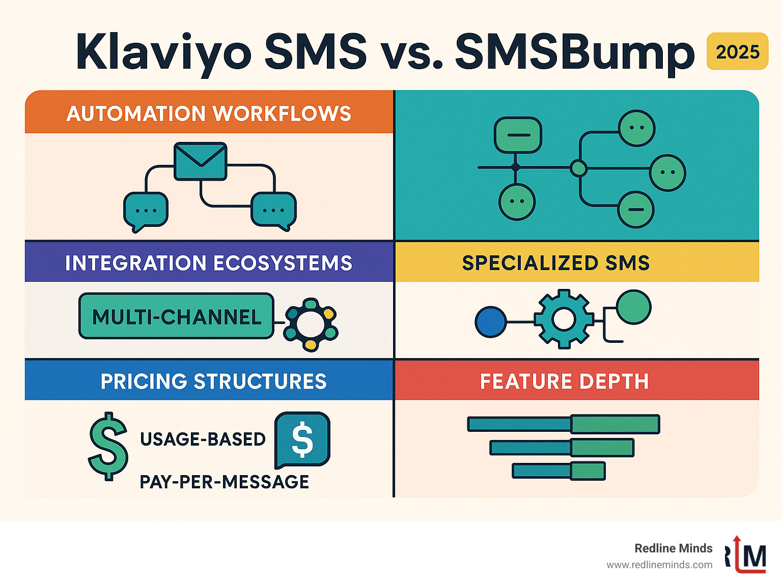 Detailed comparison of SMS marketing platform capabilities showing automation workflows, integration ecosystems, pricing structures, and feature depth for multi-channel versus specialized SMS solutions - klaviyo sms vs smsbump infographic 