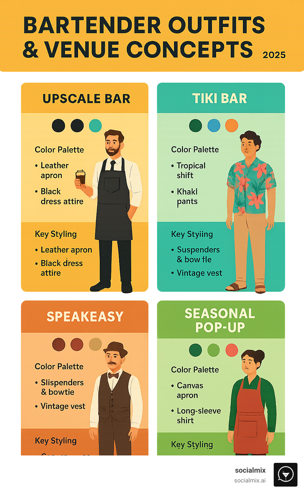 Infographic showing how to match bartender outfit themes with venue concepts, including color palettes and key styling elements for different bar types - bartender outfits infographic 