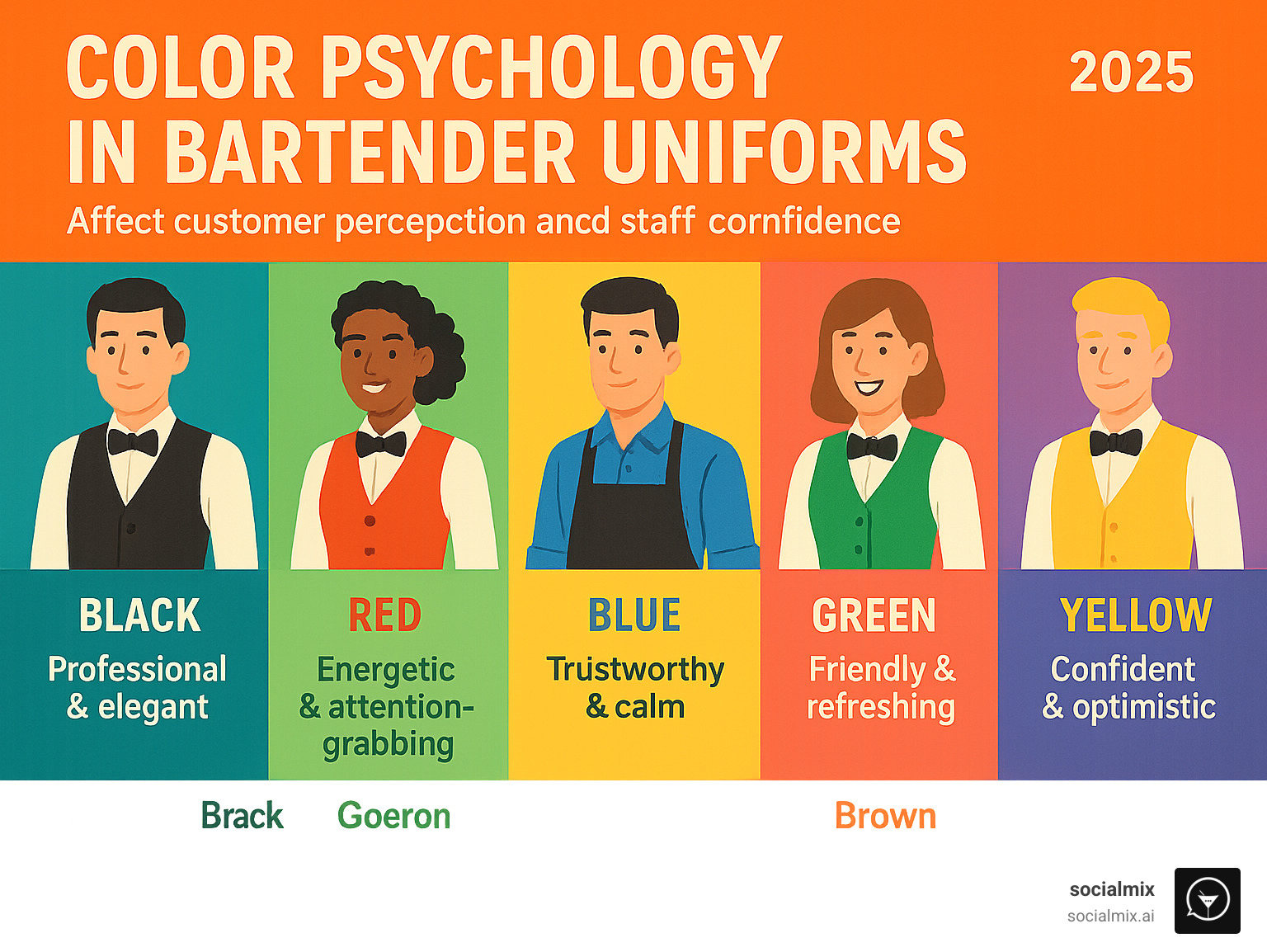 Infographic showing color psychology in bartender uniforms, displaying how different colors affect customer perception and staff confidence - bartender outfits infographic 
