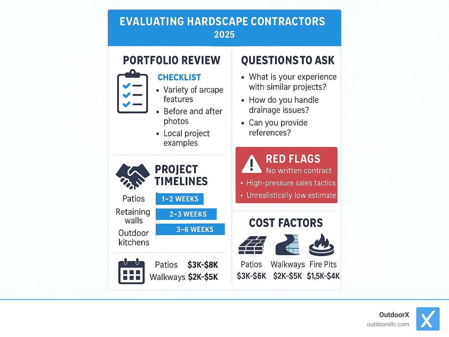 Comprehensive guide showing how to evaluate hardscape contractors including portfolio review checklist, key questions to ask during consultations, red flags to avoid, typical project timelines, and cost factors for different hardscape features - best hardscape contractors near me infographic 