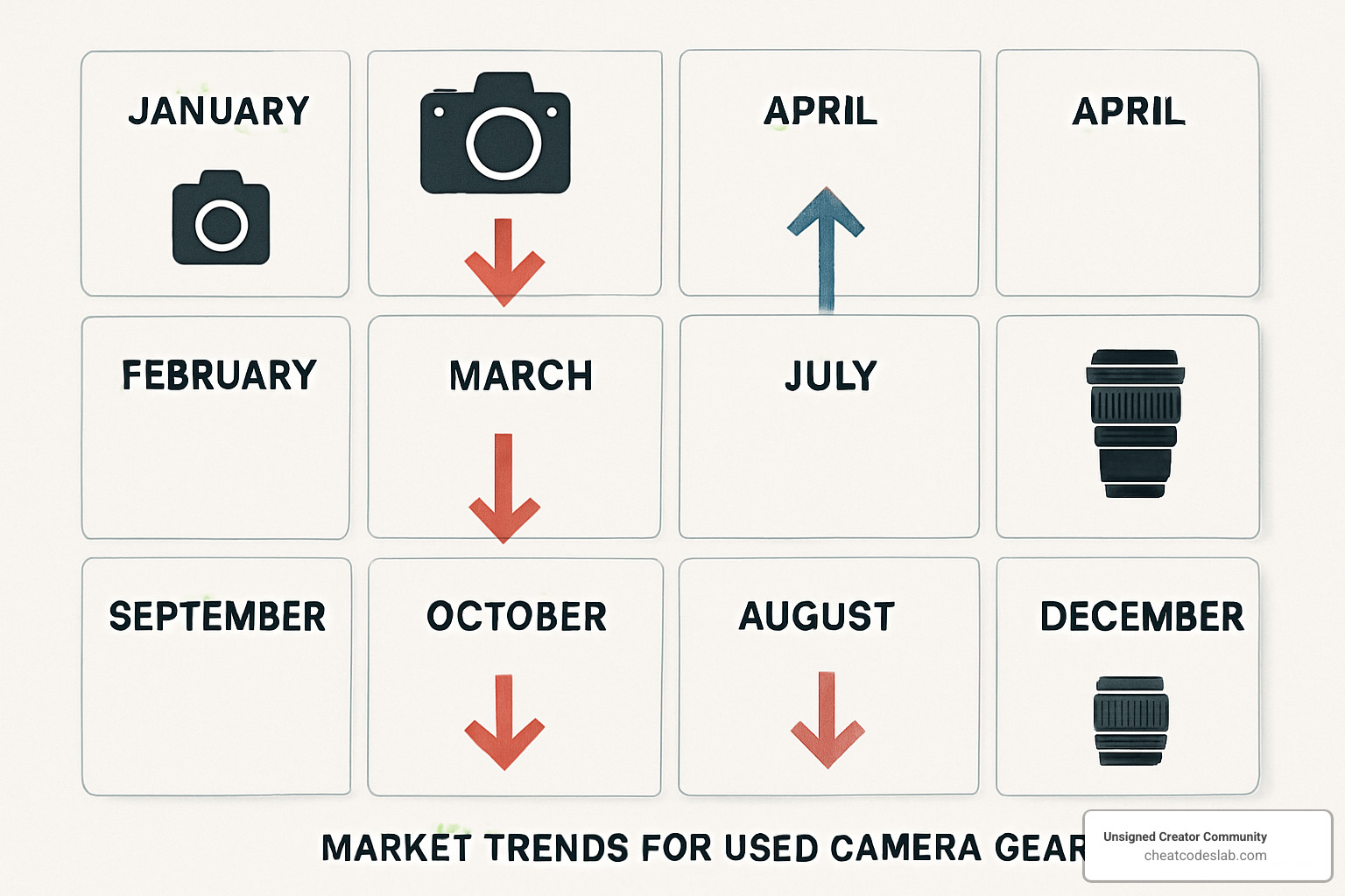 calendar showing seasonal camera gear bargains and market trends - when is the best time to buy used camera gear