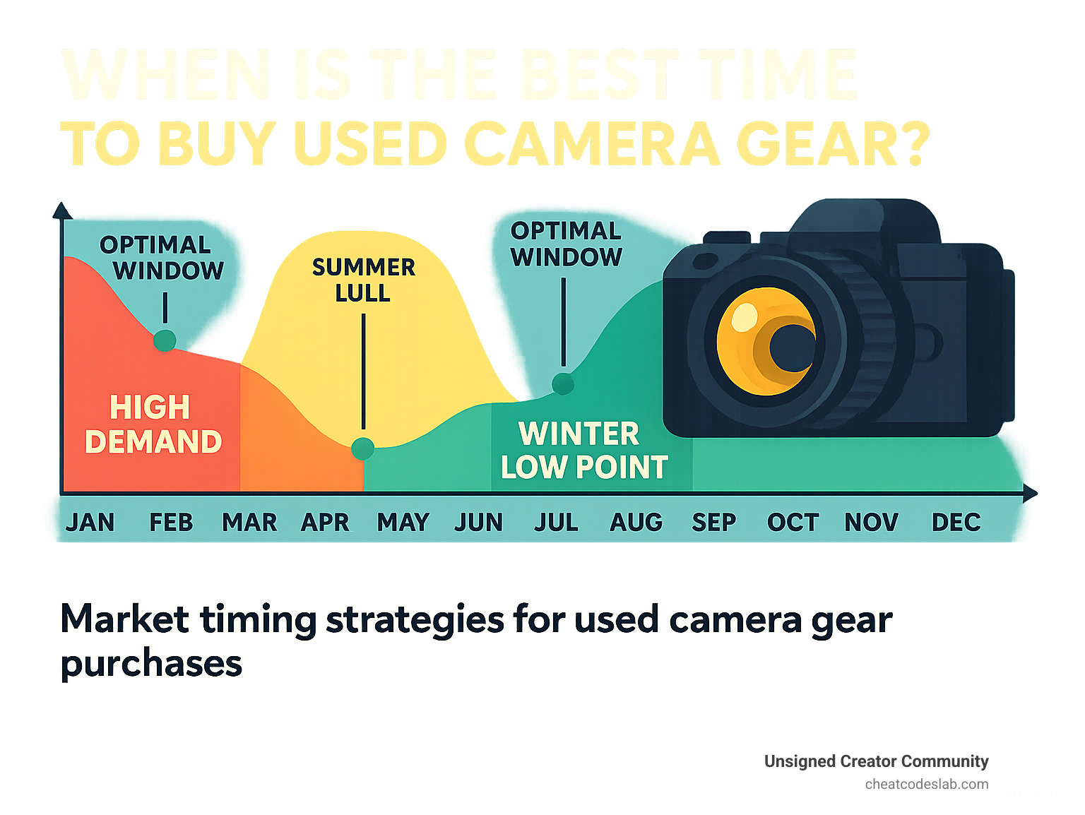 Market timing strategies for used camera gear purchases showing seasonal trends and optimal buying windows - when is the best time to buy used camera gear infographic 