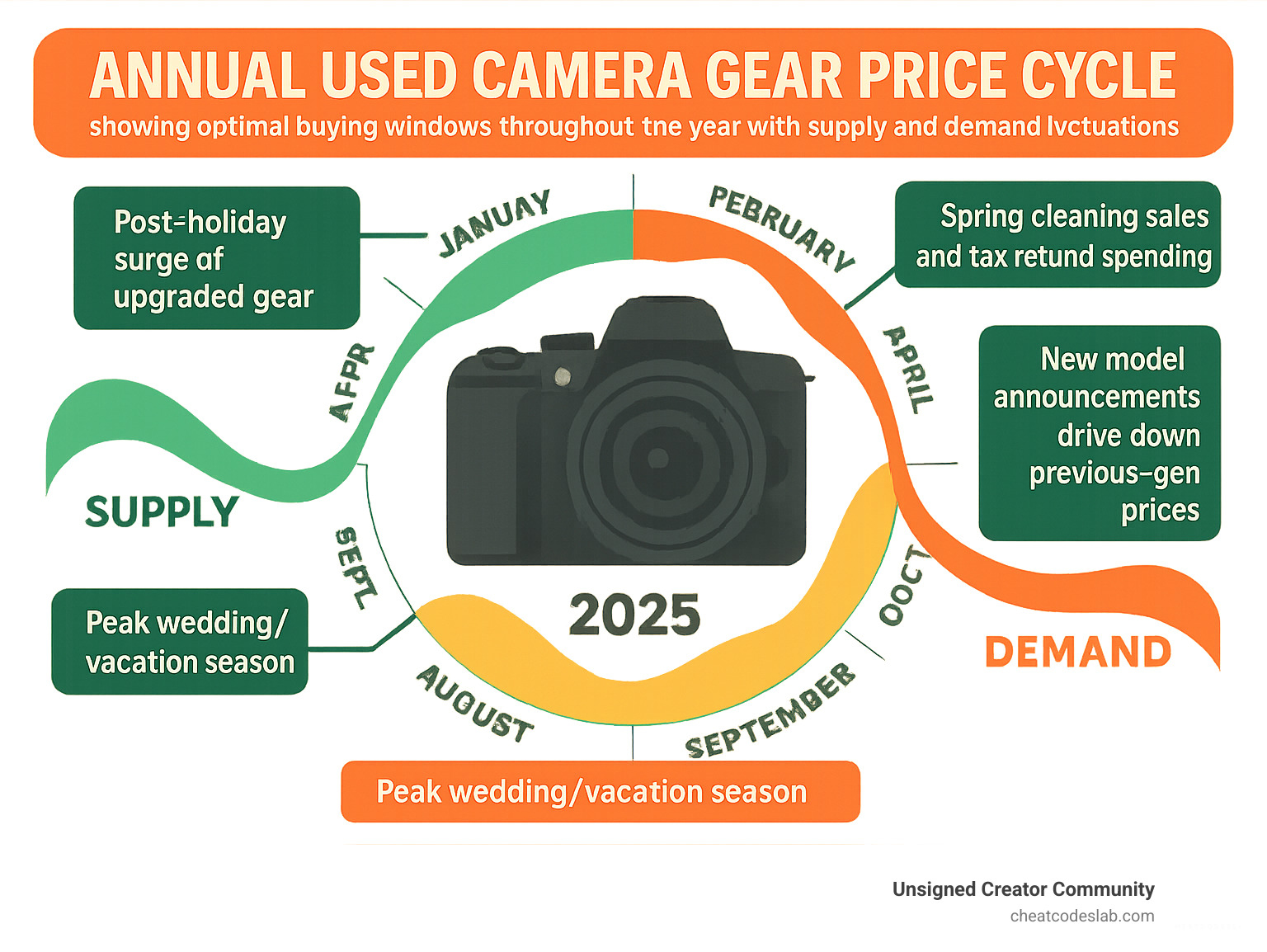Annual used camera gear price cycle showing optimal buying windows throughout the year with supply and demand fluctuations - when is the best time to buy used camera gear infographic 