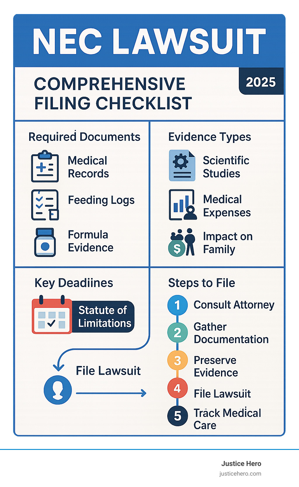 Comprehensive filing checklist infographic showing required documents, evidence types, key deadlines, and step-by-step process for filing a NEC lawsuit claim - NEC Lawsuit infographic 