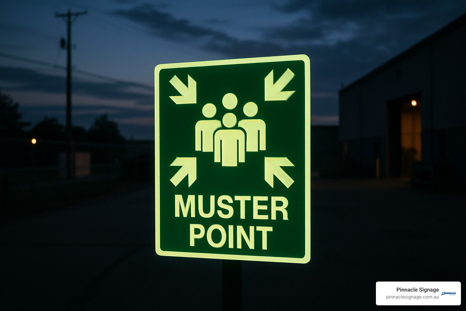 glowing muster point sign visible at dusk - muster point signs