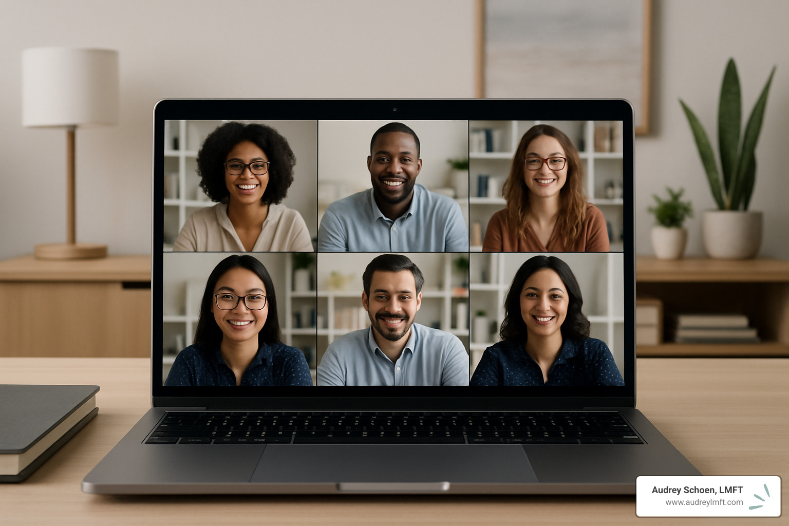 virtual mastermind meeting on laptop - business coaching services for therapists in california