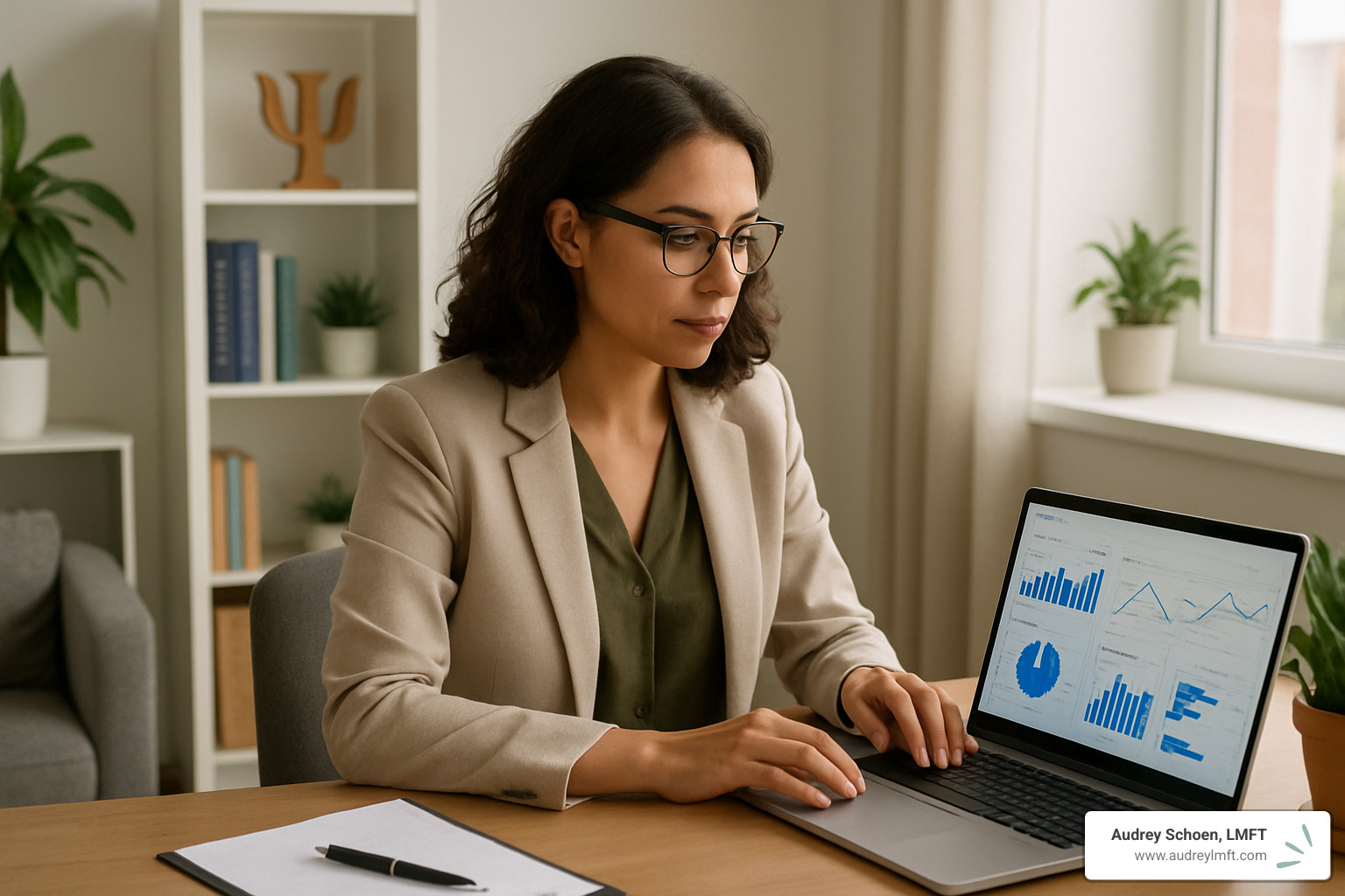 therapist reviewing business metrics on laptop - business coaching services for therapists in california