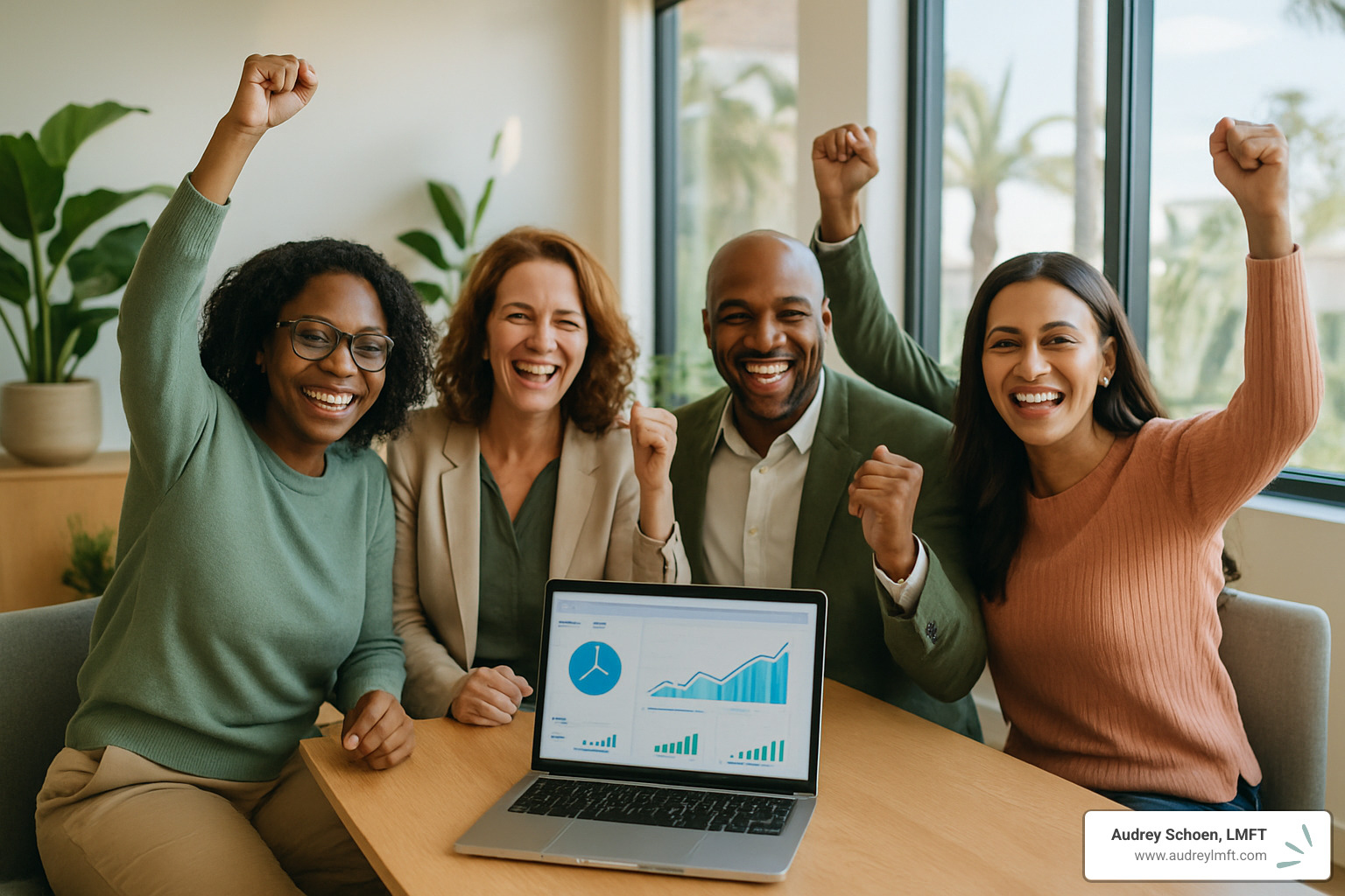 therapist celebrating practice success - business coaching services for therapists in california