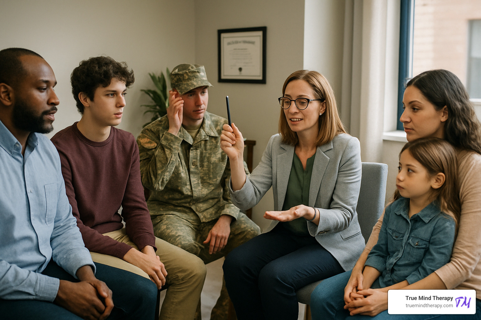 Diverse group of clients including adults, adolescents, veterans, and families receiving EMDR therapy from certified therapists - EMDR certified therapists