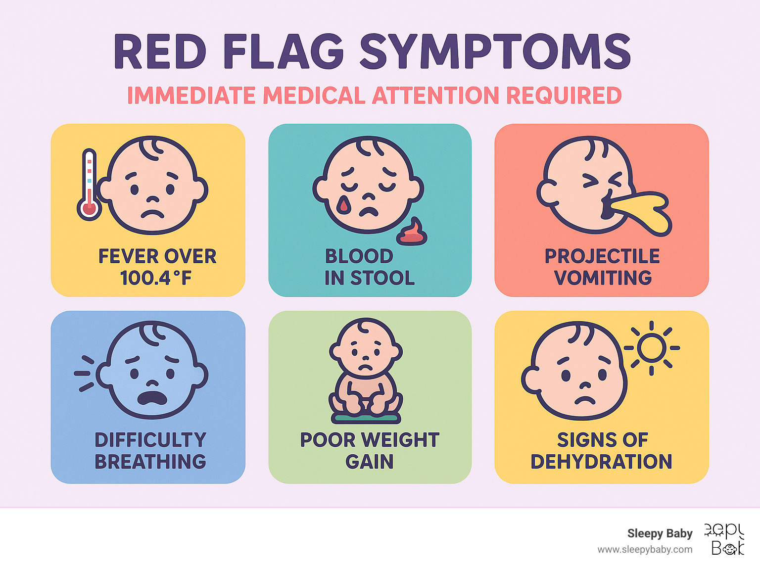 Infographic showing red flag symptoms requiring immediate medical attention: fever over 100.4°F, blood in stool, projectile vomiting, difficulty breathing, poor weight gain, and signs of dehydration - colic aid for newborns infographic