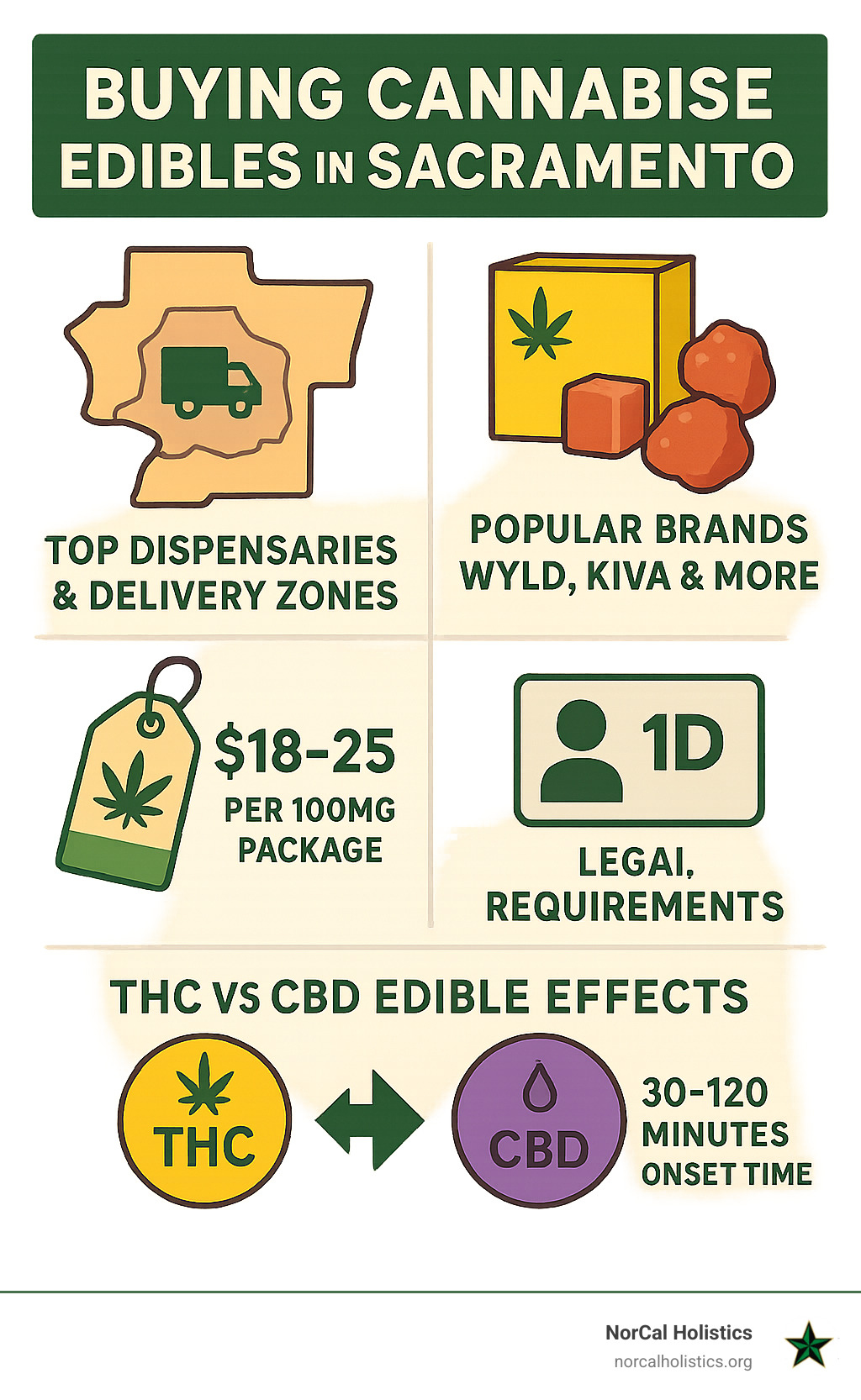 Comprehensive guide showing Sacramento's top dispensaries for buying cannabis edibles, including delivery zones, popular brands like Wyld and Kiva, pricing ranges from $18-25 per 100mg package, legal requirements for 21+ customers, and comparison of THC vs CBD edible effects with onset times of 30-120 minutes - buy cannabis edibles sacramento infographic 