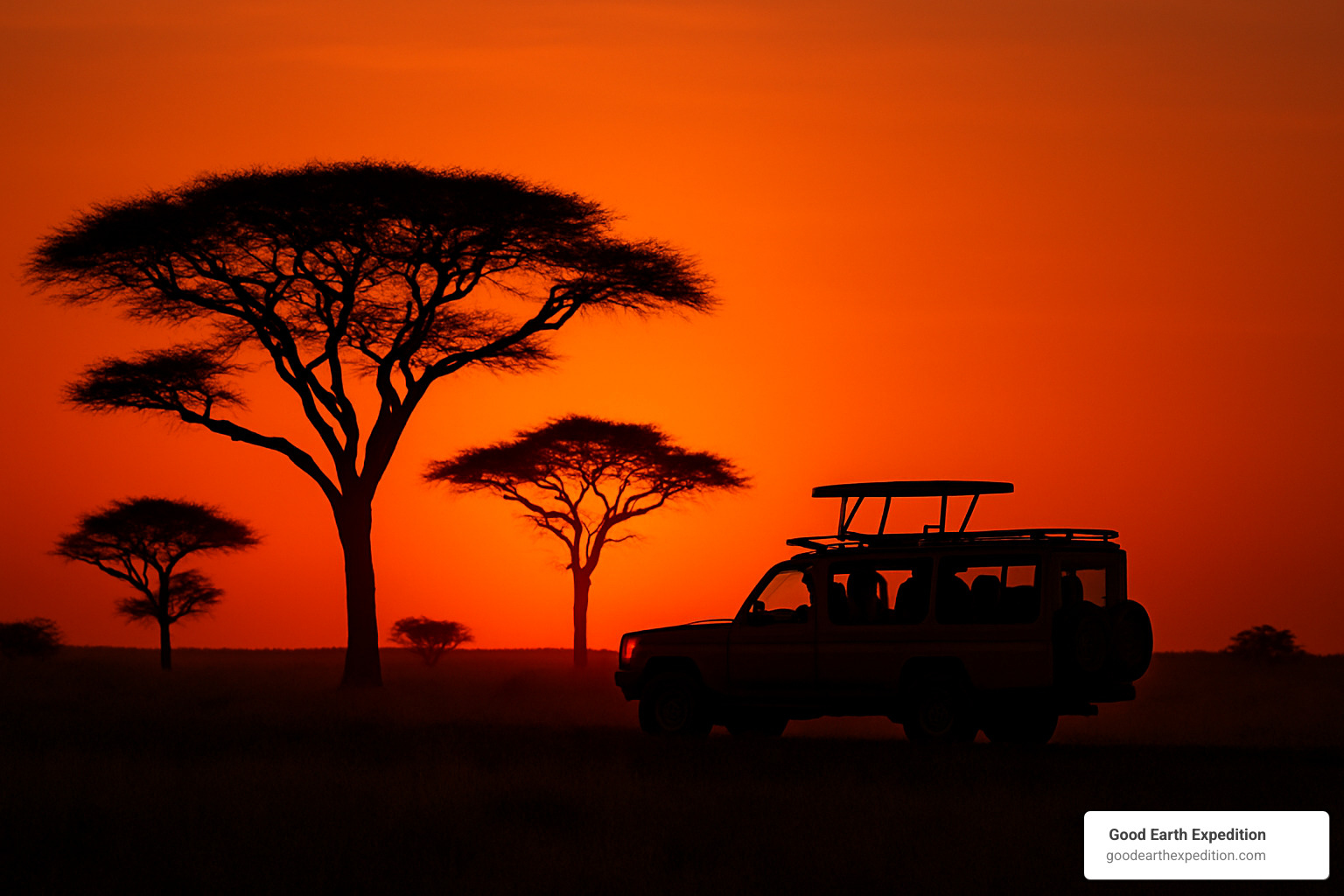 Safari vehicle at sunset with acacia trees silhouetted against orange sky - Best africa safari country