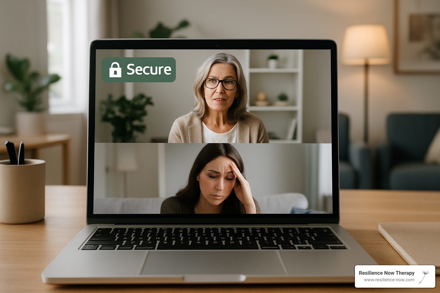 Laptop showing a secure telehealth therapy session - calgary trauma specialist