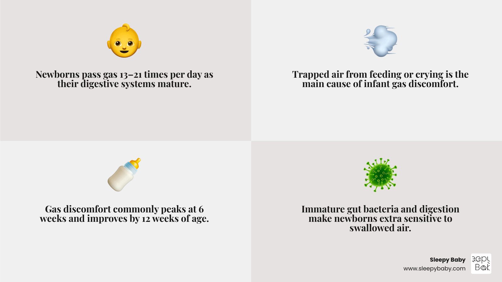 Infographic showing newborn digestive system development and gas timeline