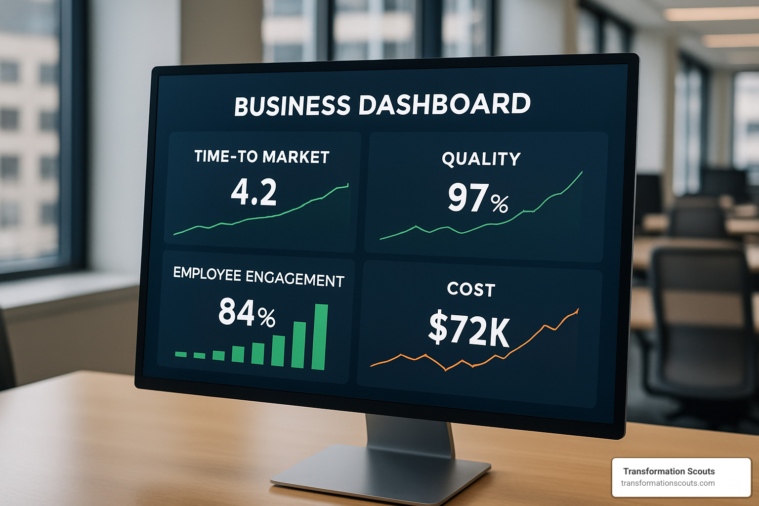 Key performance indicators dashboard showing improvements in time-to-market, quality, engagement, and cost metrics from business agility change - business agility change consulting Key performance indicators dashboard showing improvements in time-to-market, quality, engagement, and cost metrics from business agility change - business agility change consulting