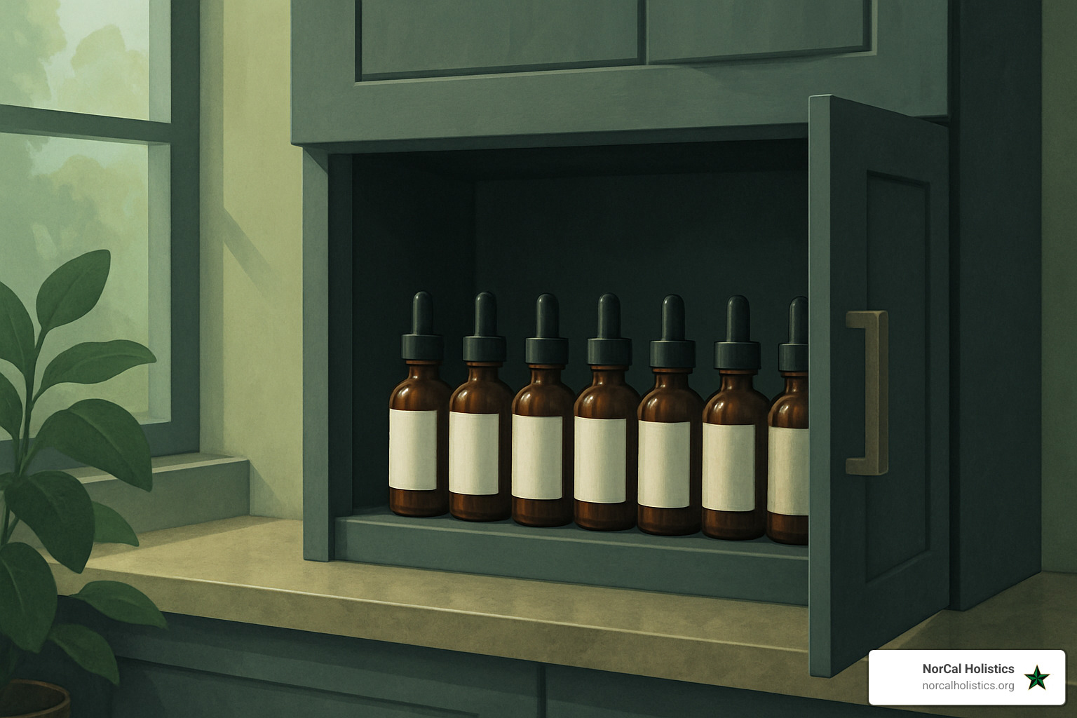 Cannabis tincture storage setup showing proper bottle placement in cool, dark cabinet - cannabis tinctures delivery