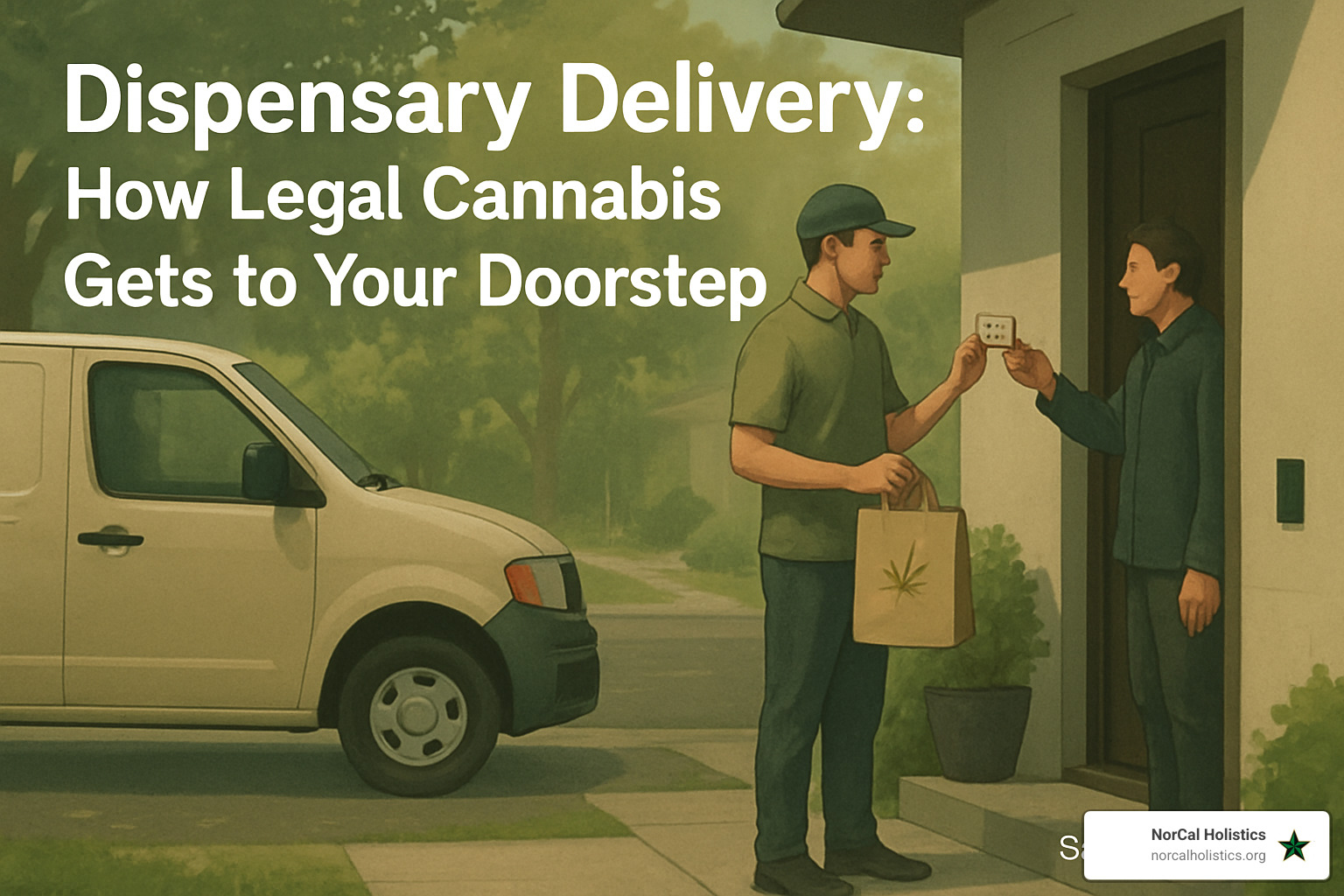 Professional cannabis delivery driver checking customer ID at a residential doorstep in Sacramento - dispensary delivery