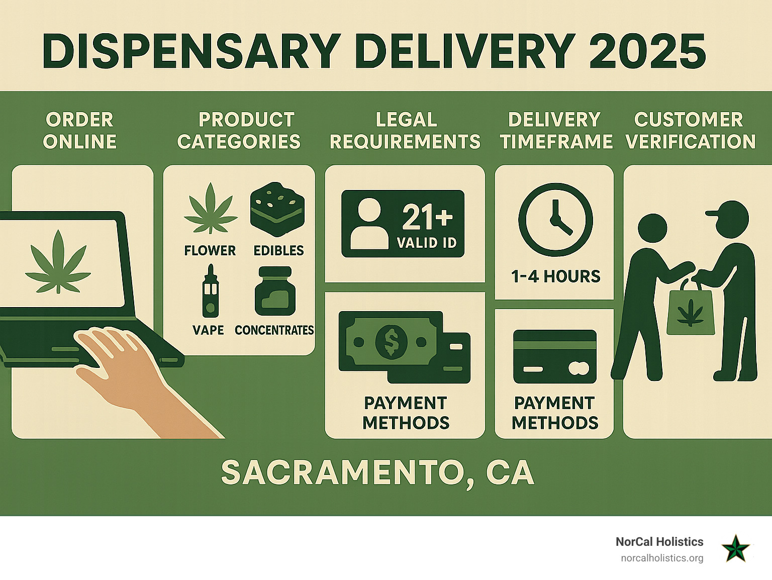Infographic showing the complete dispensary delivery process from online ordering through product categories, legal requirements, delivery timeframes, payment methods, and customer verification steps in Sacramento, CA - dispensary delivery infographic 