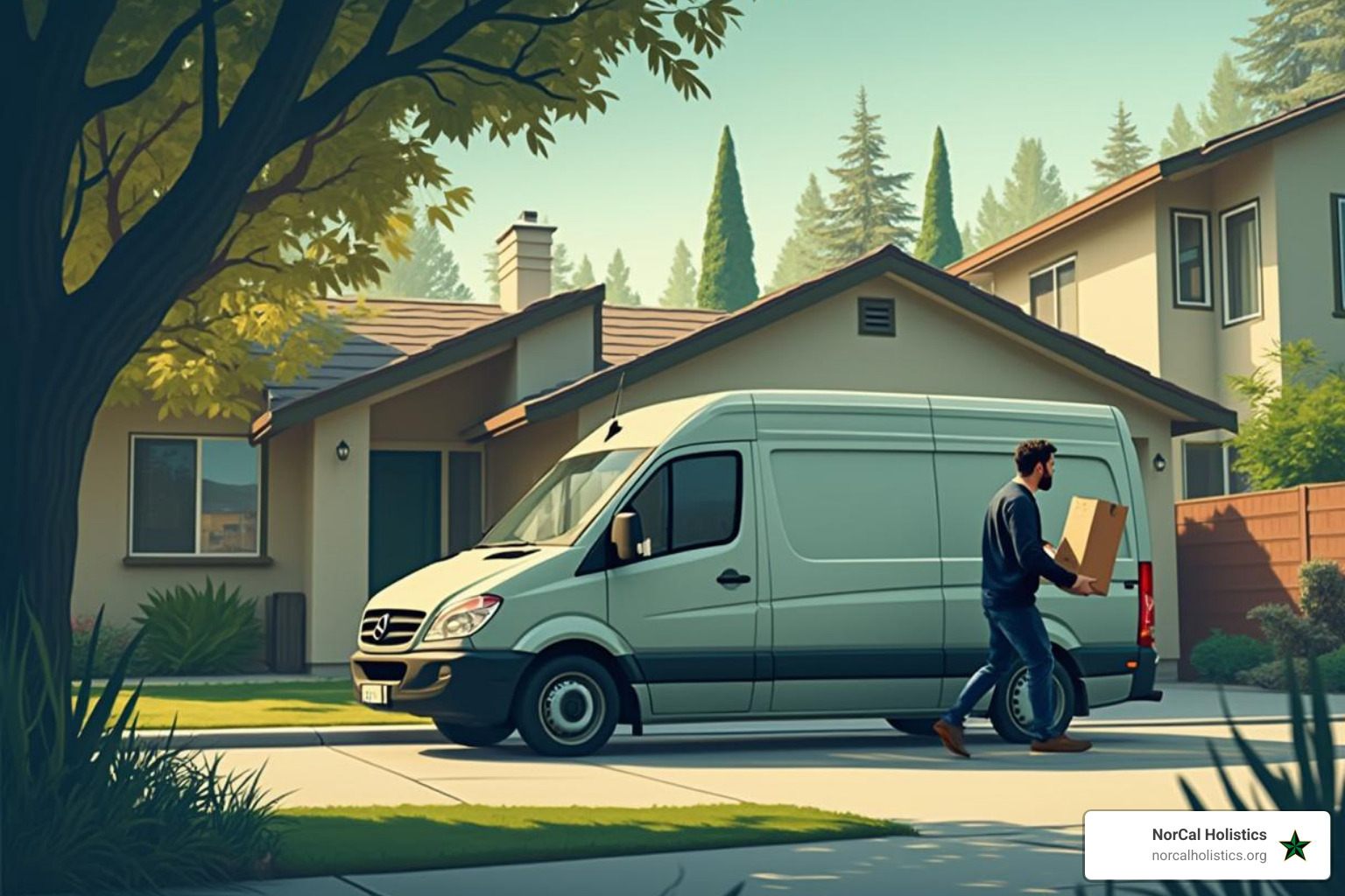 Professional cannabis delivery scene in Sacramento with discreet vehicle and residential backdrop - buy gelato weed online
