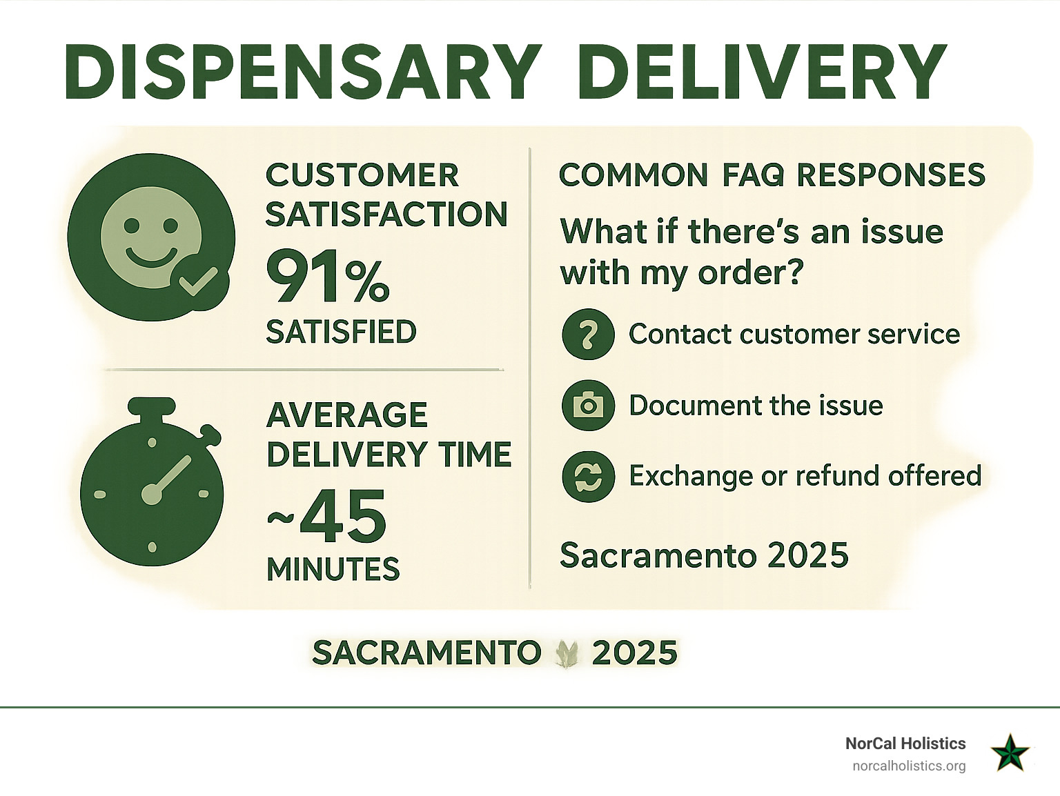 Infographic displaying customer satisfaction statistics, delivery time averages, and common FAQ responses for dispensary delivery services in Sacramento - dispensary delivery infographic 