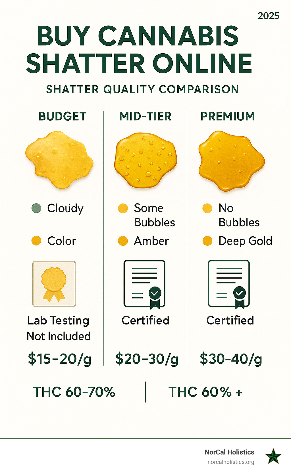 Comprehensive infographic displaying shatter quality comparison: three columns showing budget vs mid-tier vs premium shatter with visual indicators for clarity, color, lab testing certificates, price ranges, and THC percentages - Buy cannabis shatter online infographic 