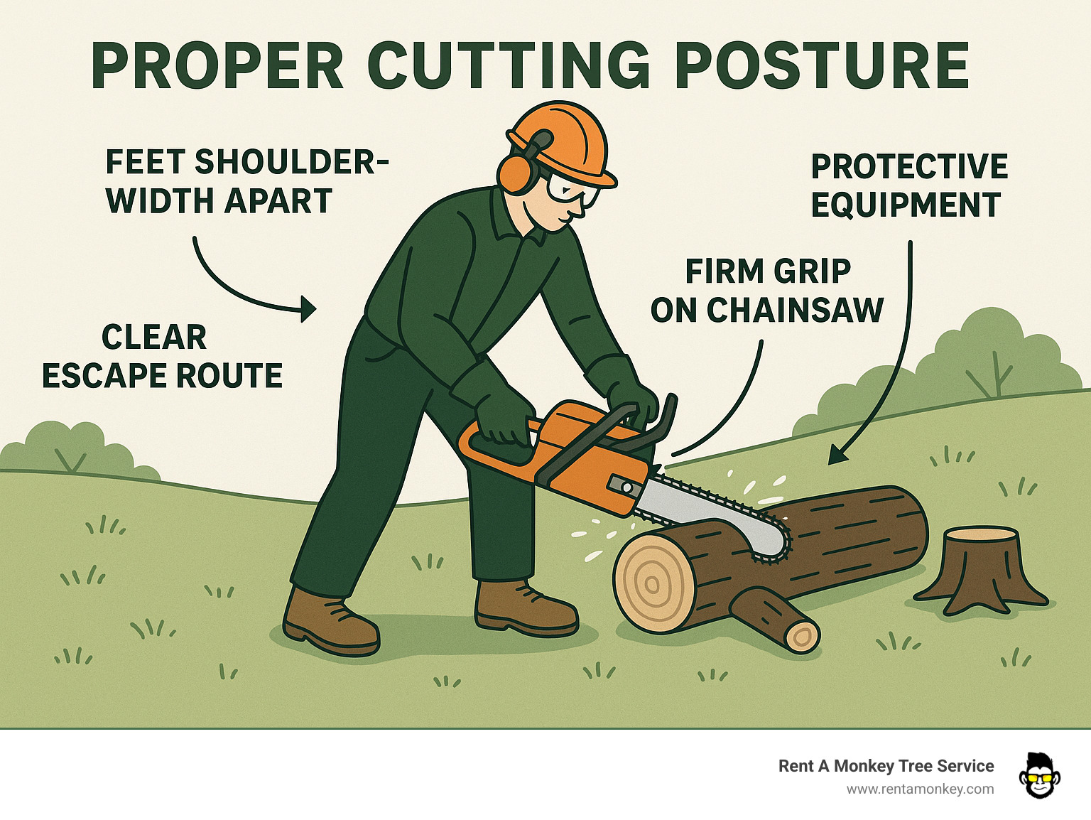 Infographic showing proper cutting posture: feet shoulder-width apart, firm grip on chainsaw, clear escape route, and protective equipment - how long to cut firewood infographic Infographic showing proper cutting posture: feet shoulder-width apart, firm grip on chainsaw, clear escape route, and protective equipment - how long to cut firewood infographic