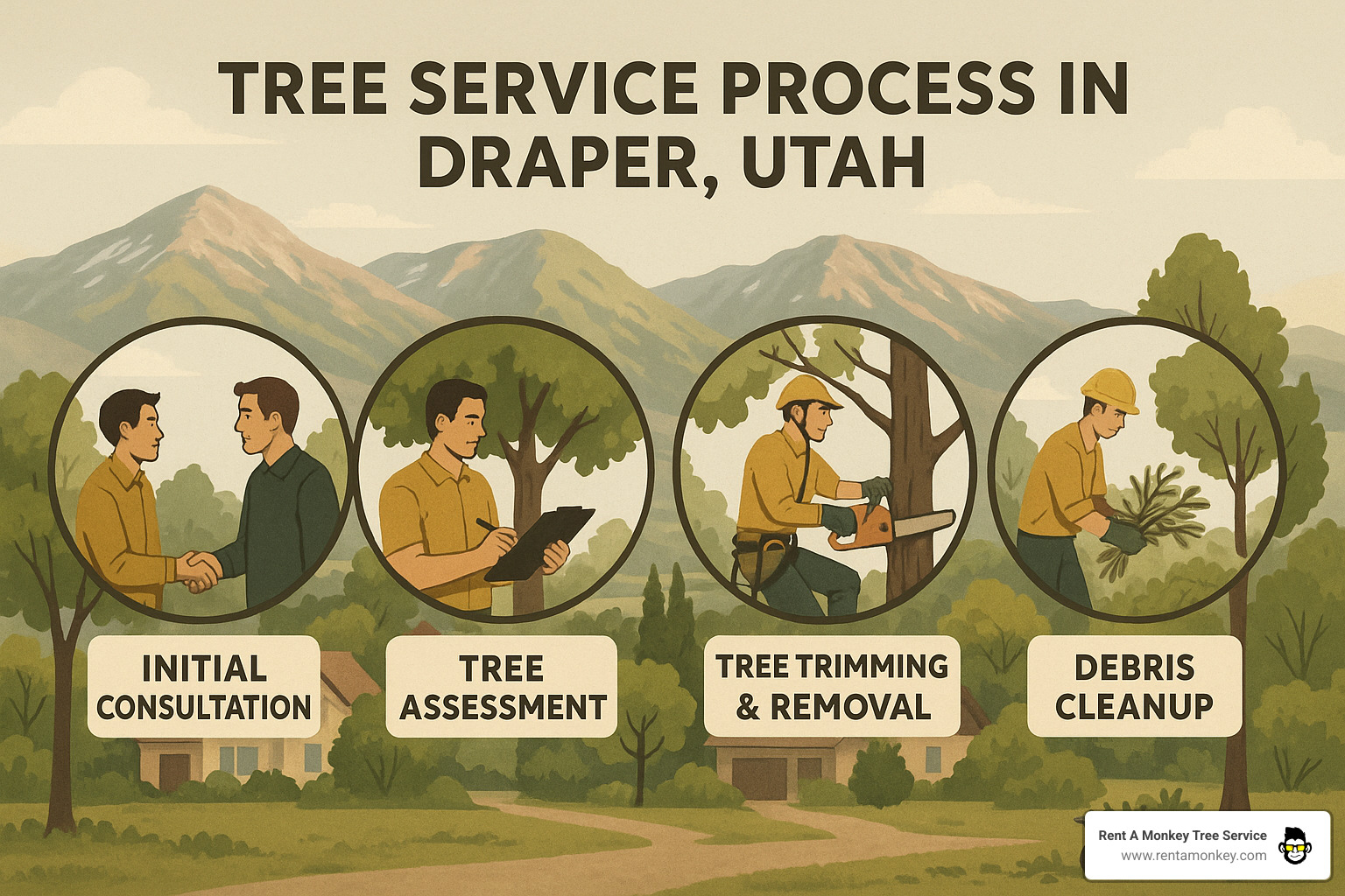 Comprehensive tree service process from initial consultation through final cleanup, showing assessment, trimming techniques, removal methods, and debris management specific to Draper Utah conditions - tree service draper utah infographic 