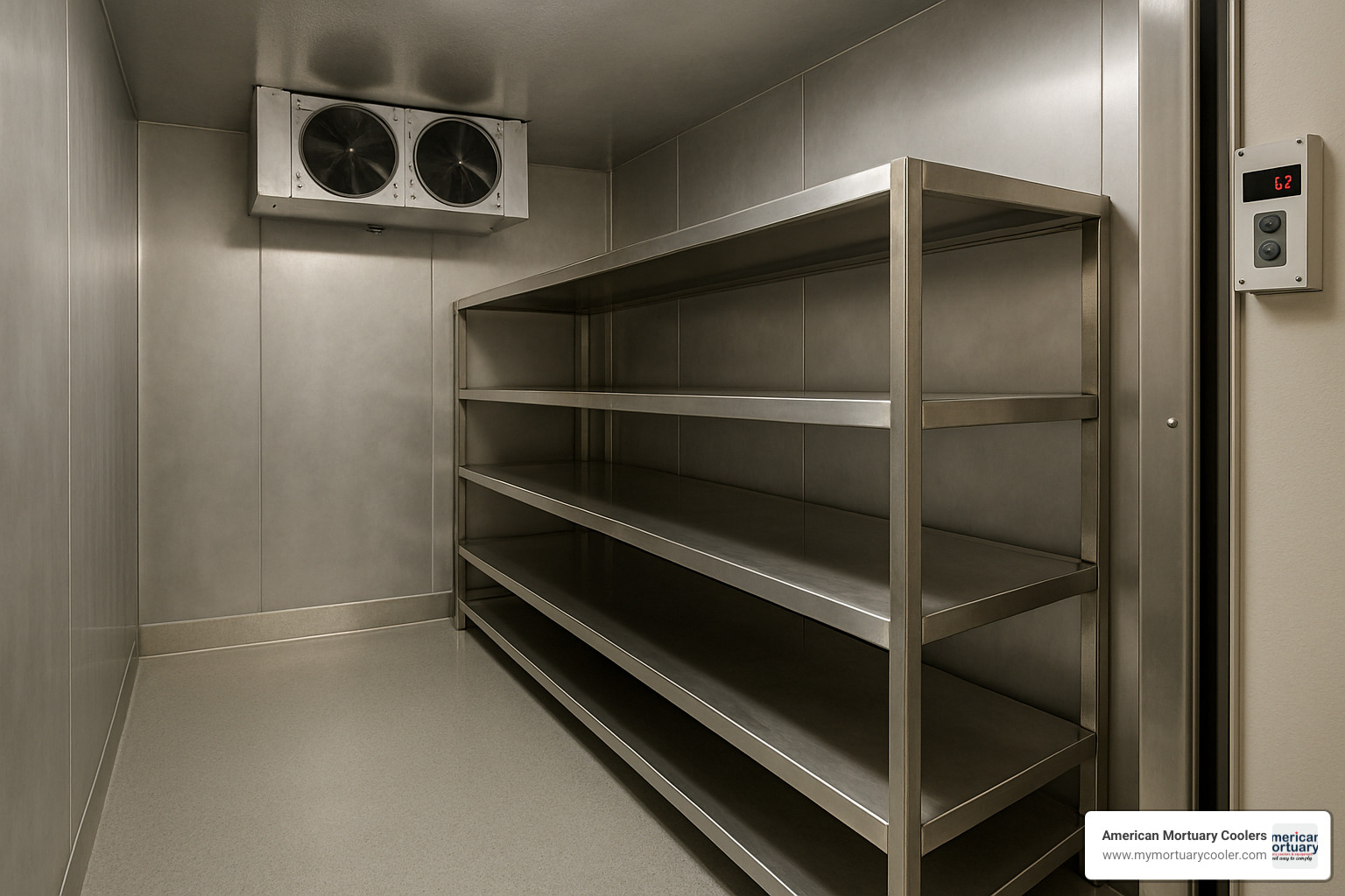 walk-in mortuary cooler with tiered storage racks - american-mortuary-coolers-