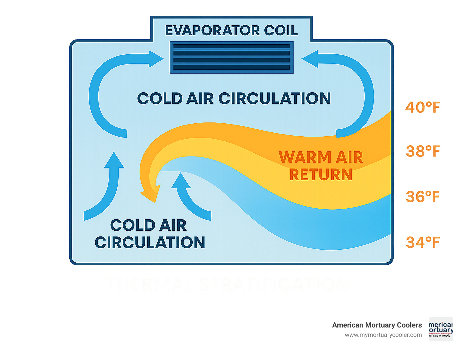 Detailed diagram showing airflow patterns and temperature zones within a mortuary cooler, including cold air circulation, warm air return, evaporator coil placement, and thermal stratification zones with temperature gradients from 34°F to 40°F - american-mortuary-coolers- infographic 