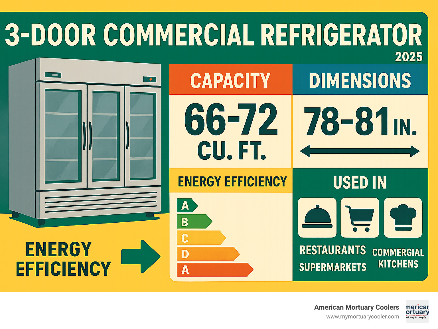 Detailed comparison infographic showing 3-door commercial refrigerator capacity of 66-72 cubic feet versus floor footprint of 78-81 inches width, with energy efficiency ratings and typical applications for restaurants, supermarkets, and commercial kitchens - commercial refrigerator 3 door infographic 