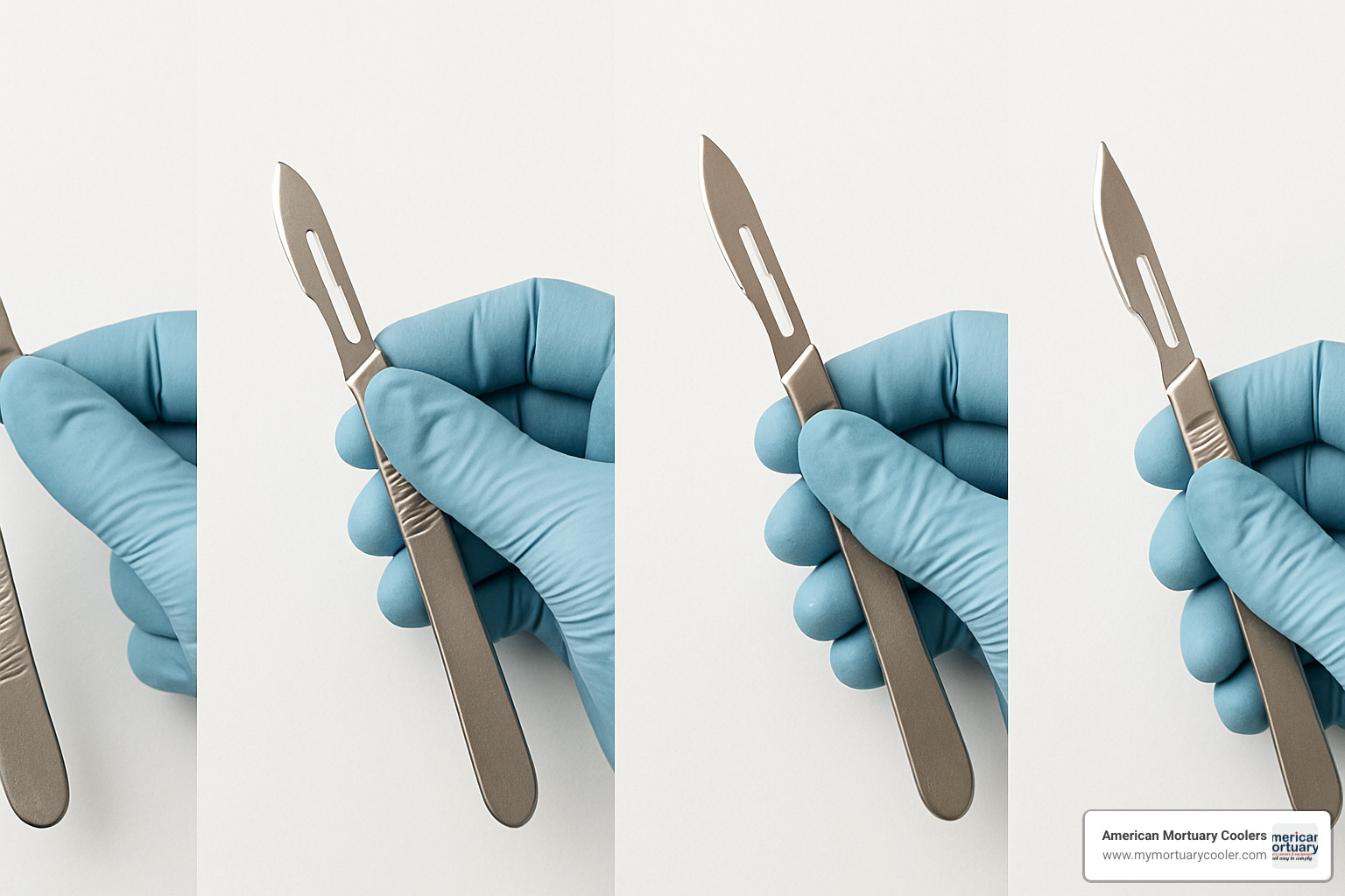 Step-by-step visual guide showing proper scalpel handle and blade attachment process - scalpel handles