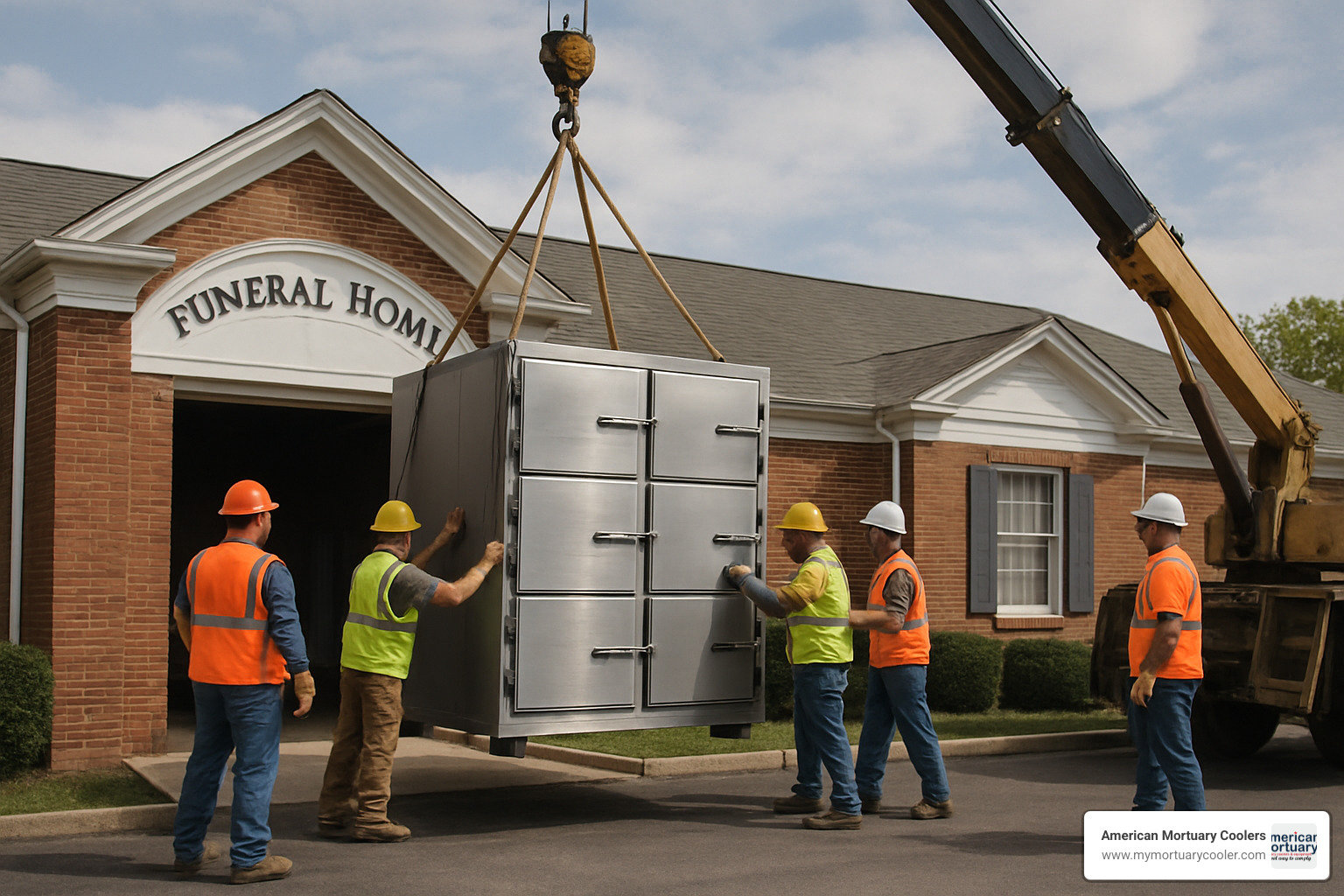 Professional installation team using crane to move large morgue fridge unit into funeral home facility - used-morgue-fridges