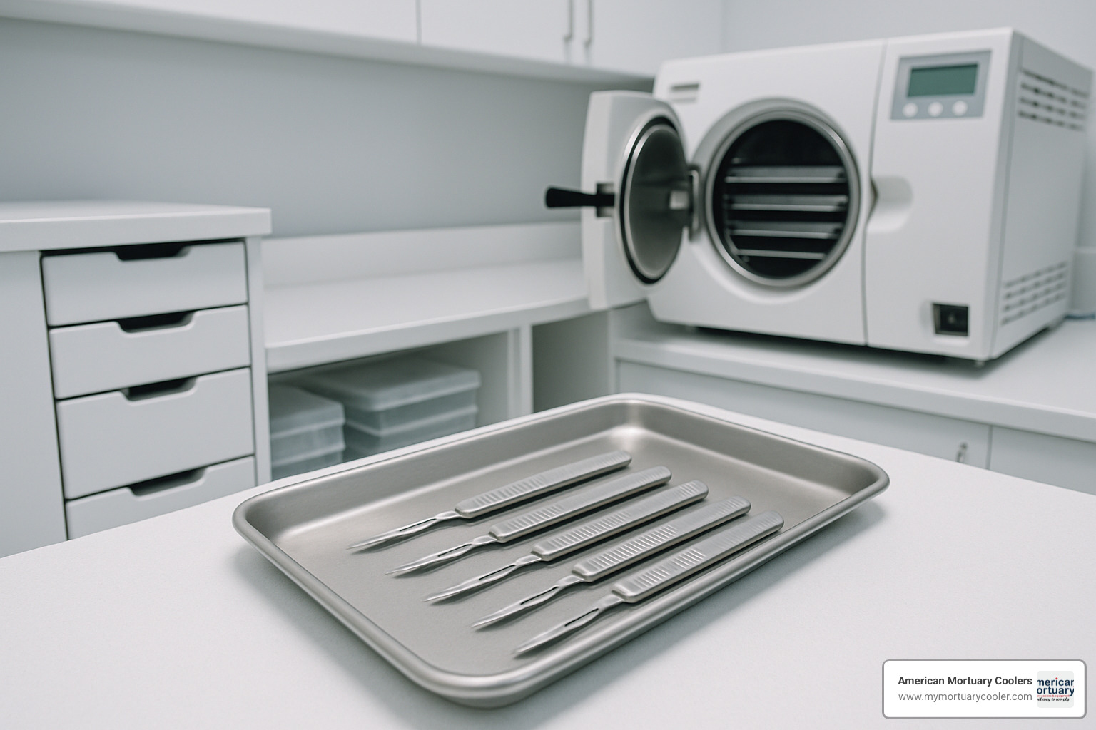Professional workspace showing properly maintained scalpel handles with storage and sterilization equipment - scalpel handles