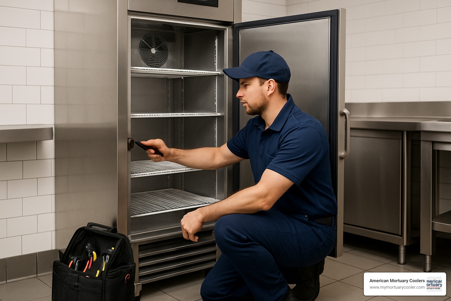 technician servicing reach-in refrigerator - reach in refridgerator