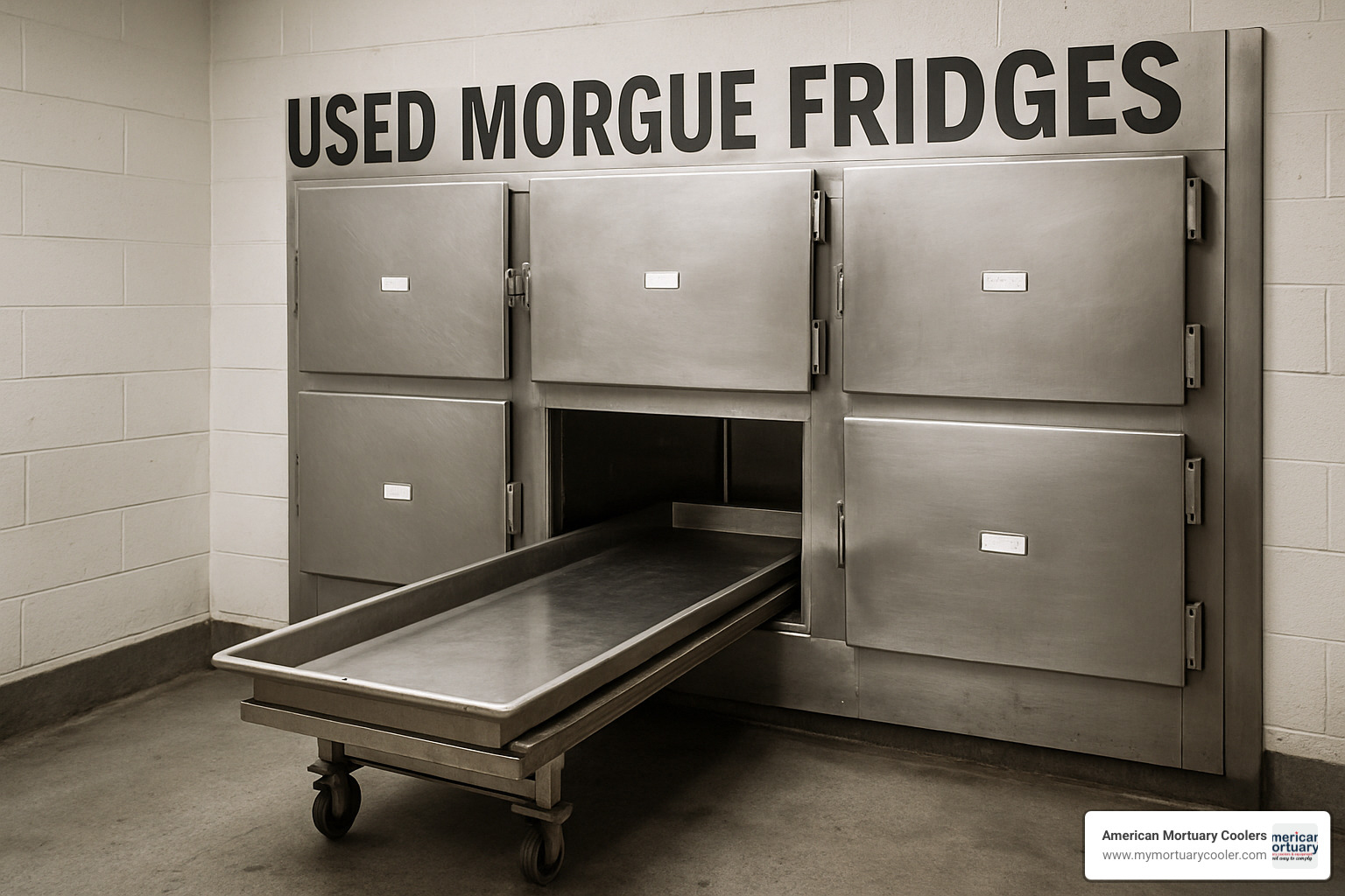 Capacity chart showing different morgue fridge sizes from 2-body to walk-in units with dimensions and typical applications - used-morgue-fridges