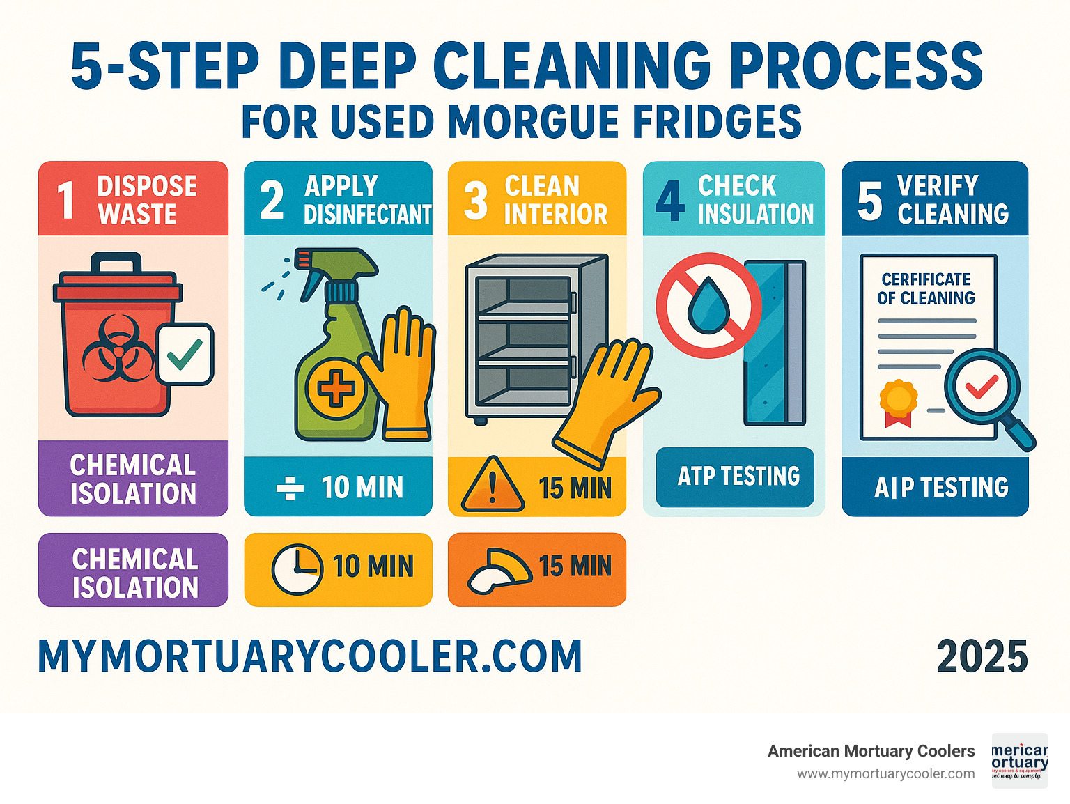Detailed infographic showing 5-step deep cleaning process for used morgue fridges including chemical requirements, safety equipment needed, time requirements for each step, and quality verification methods - used-morgue-fridges infographic 