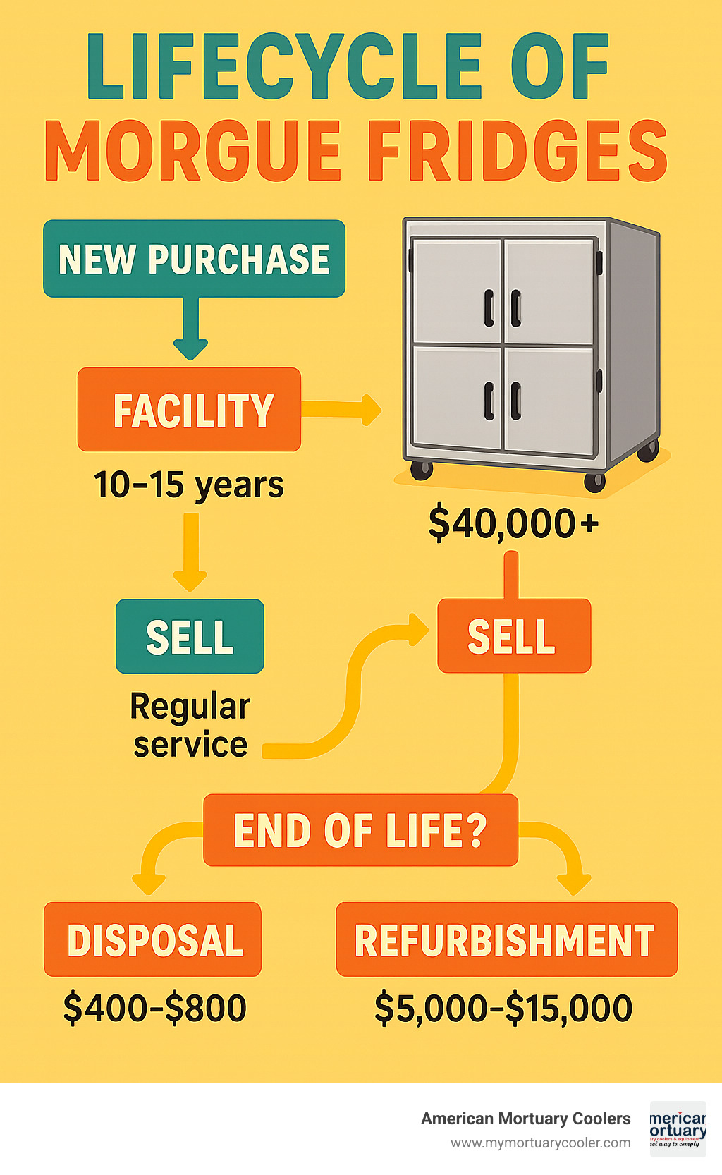 Comprehensive infographic showing the lifecycle of morgue fridges from new purchase through various ownership stages to refurbishment, including key decision points for buyers, typical lifespan milestones, maintenance requirements, and end-of-life considerations with cost breakdowns at each stage - used-morgue-fridges infographic 