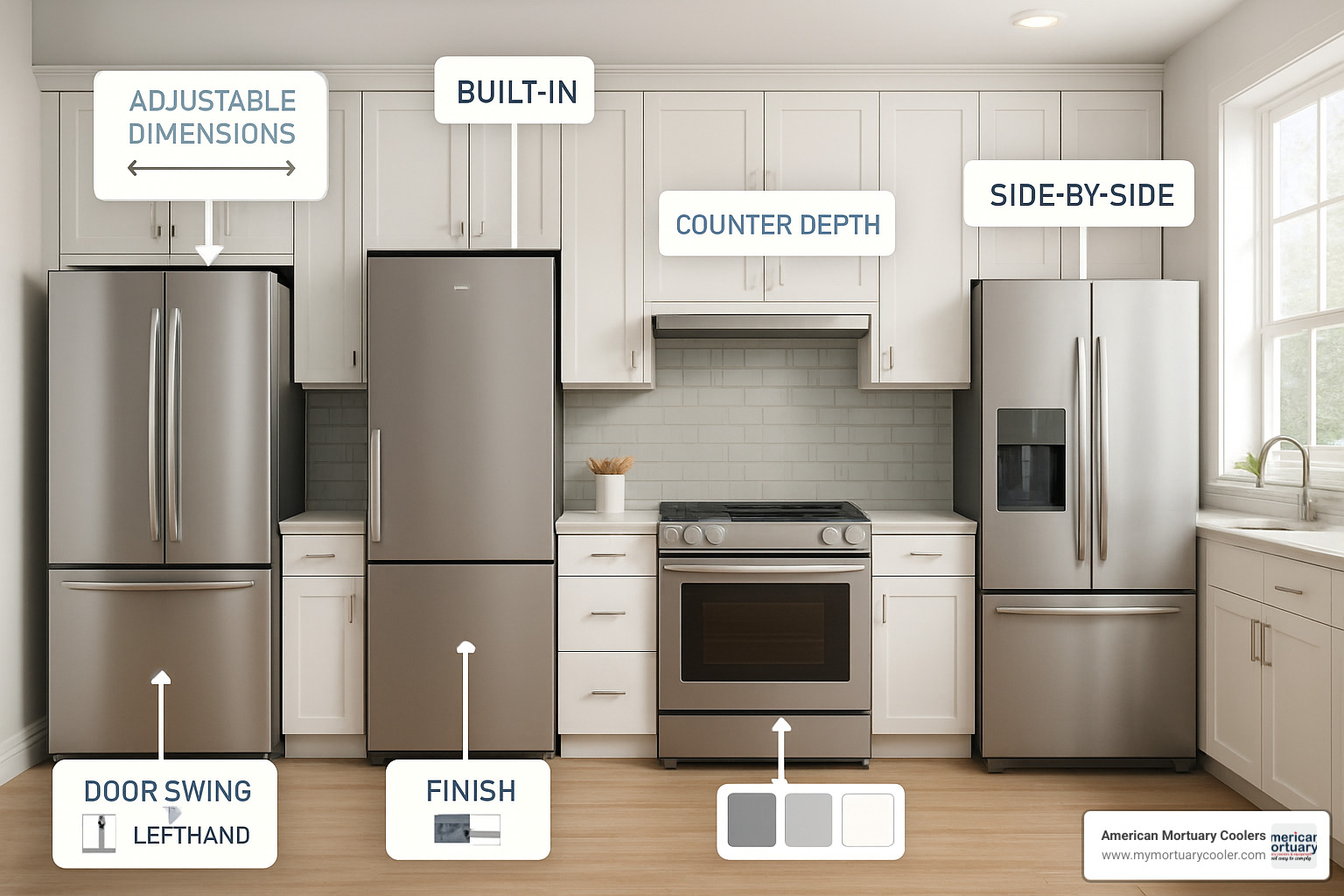Modern kitchen with various refrigerator types showing parametric customization options - fridge revit family